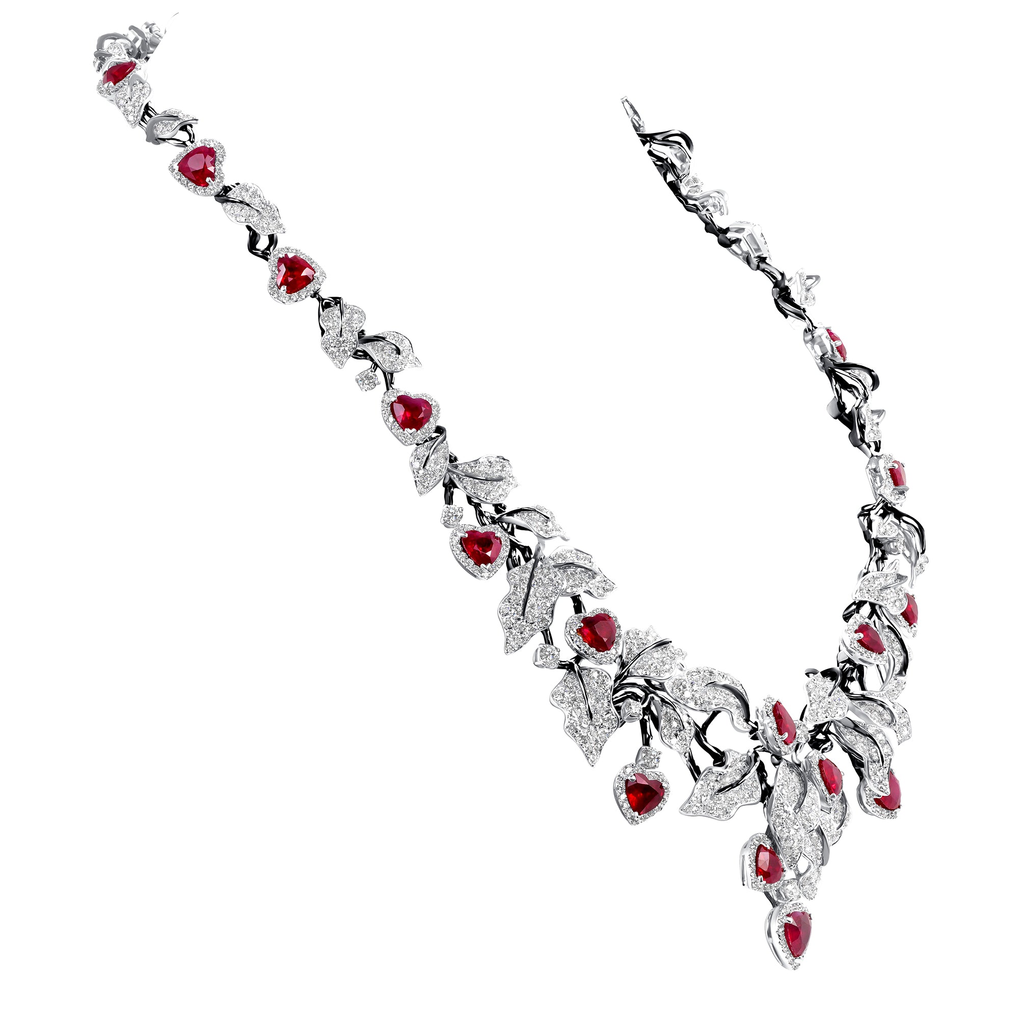 Heart Shaped Ruby & Diamond Leaf Necklace