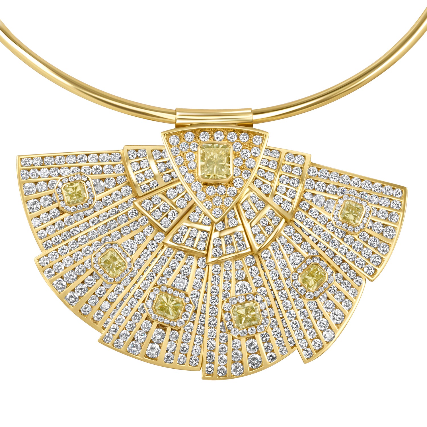 Radiant Cut Natural Yellow Diamond & Round Brilliant Cut White Diamond Fan Brooch Necklace