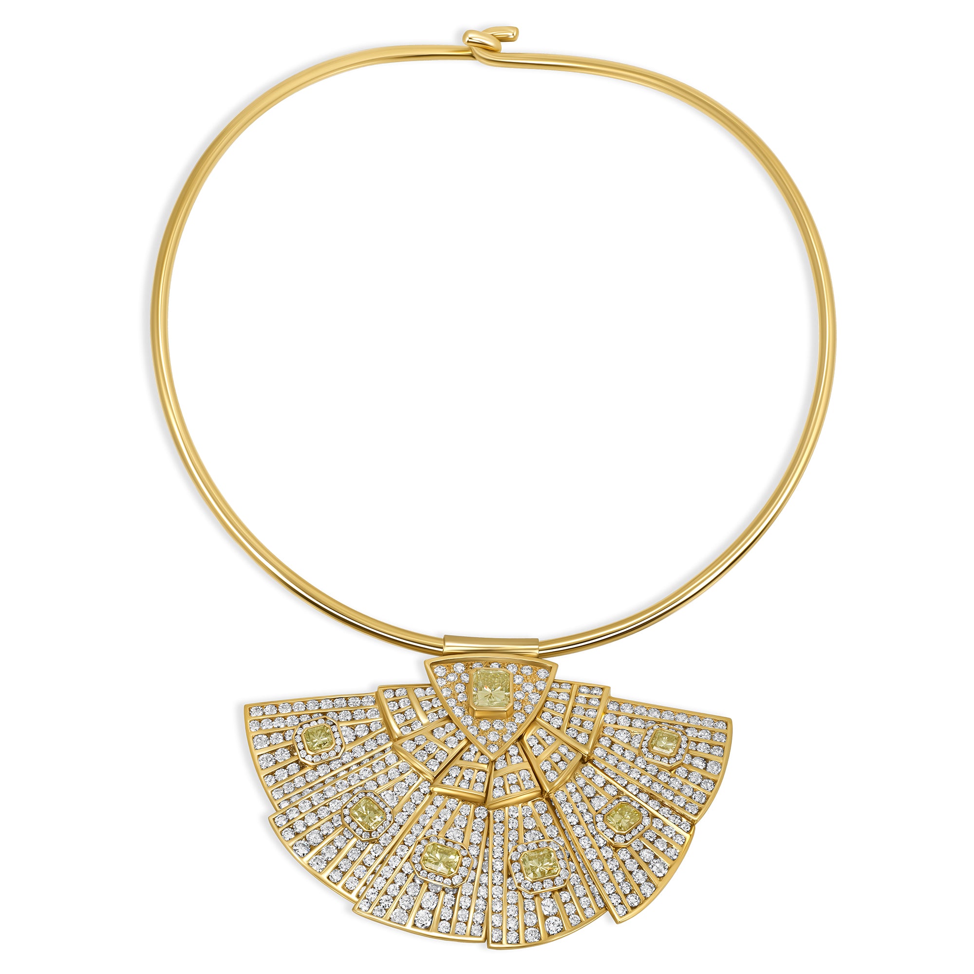 Radiant Cut Natural Yellow Diamond & Round Brilliant Cut White Diamond Fan Brooch Necklace