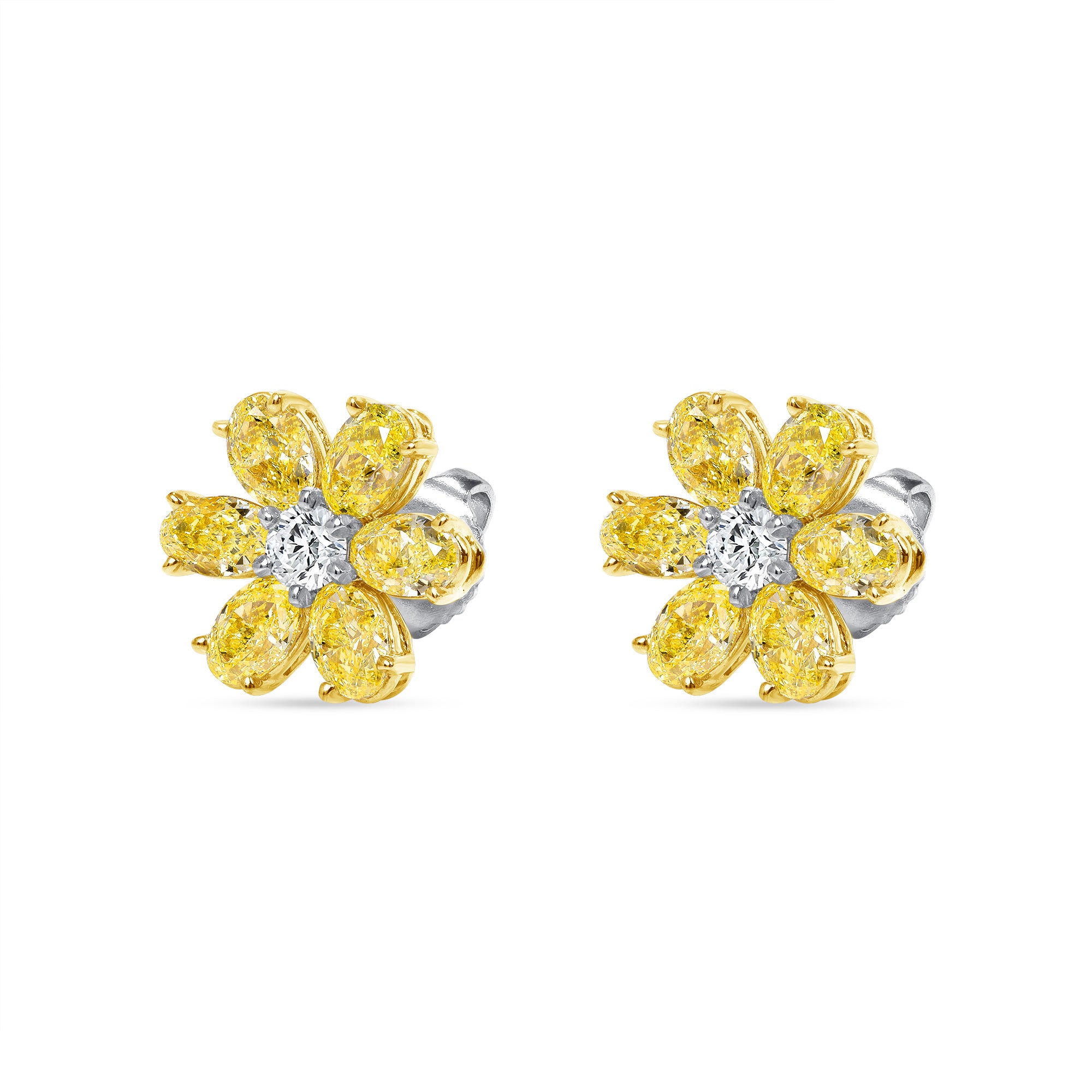Fancy Yellow Oval Diamonds Flower Stud Earrings