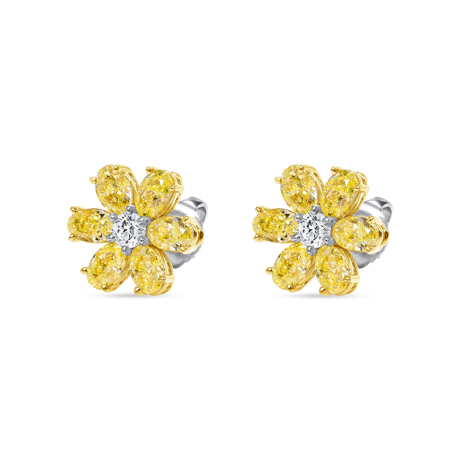 Fancy Yellow Oval Diamonds Flower Stud Earrings