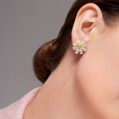 Octagon Shape Fancy Yellow Diamond and Emerald Cut Diamond Flower Earrings