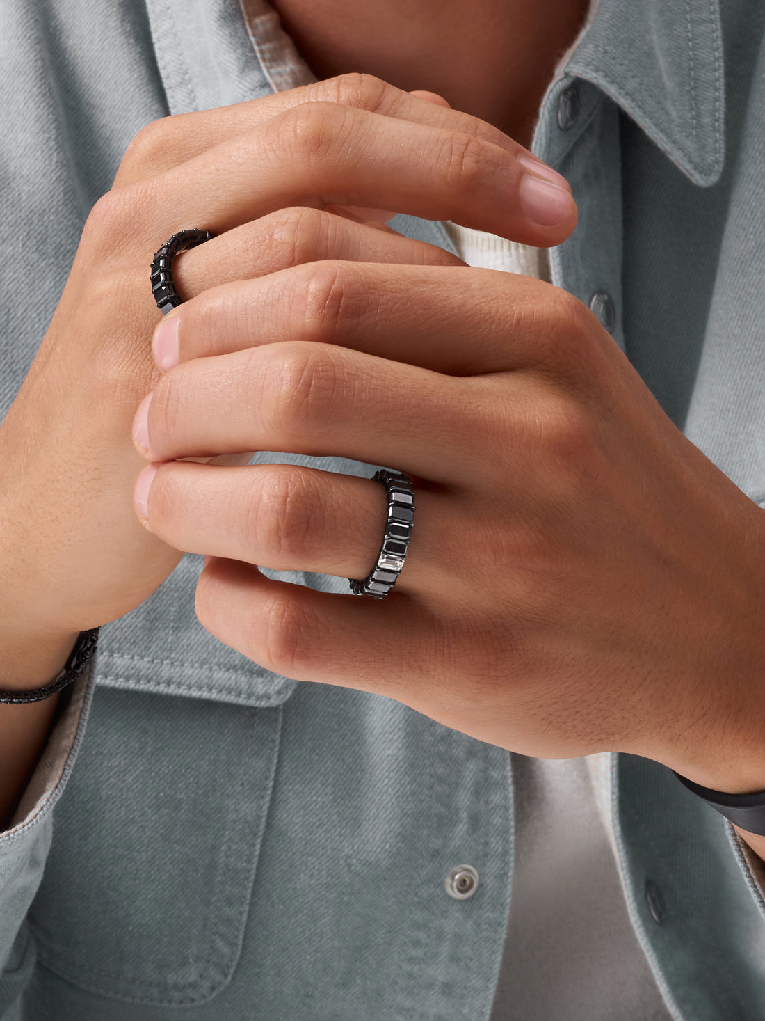 Emerald Cut Black Diamond Eternity Ring with White Diamond Accent