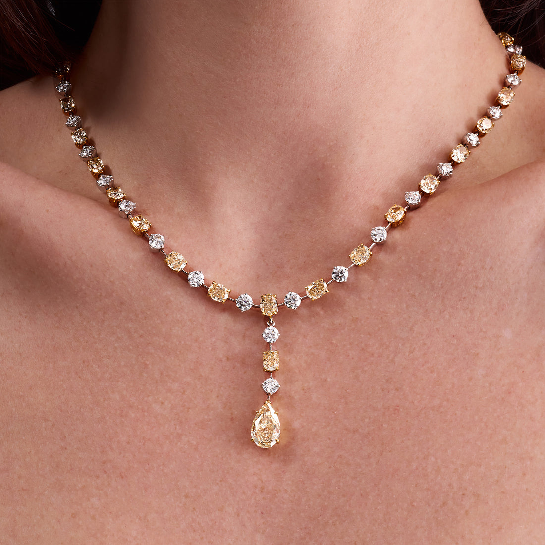 Alternating Oval Cut Yellow & Round Brilliant Cut White Diamonds with Pear Cut Yellow Diamond Drop Necklace