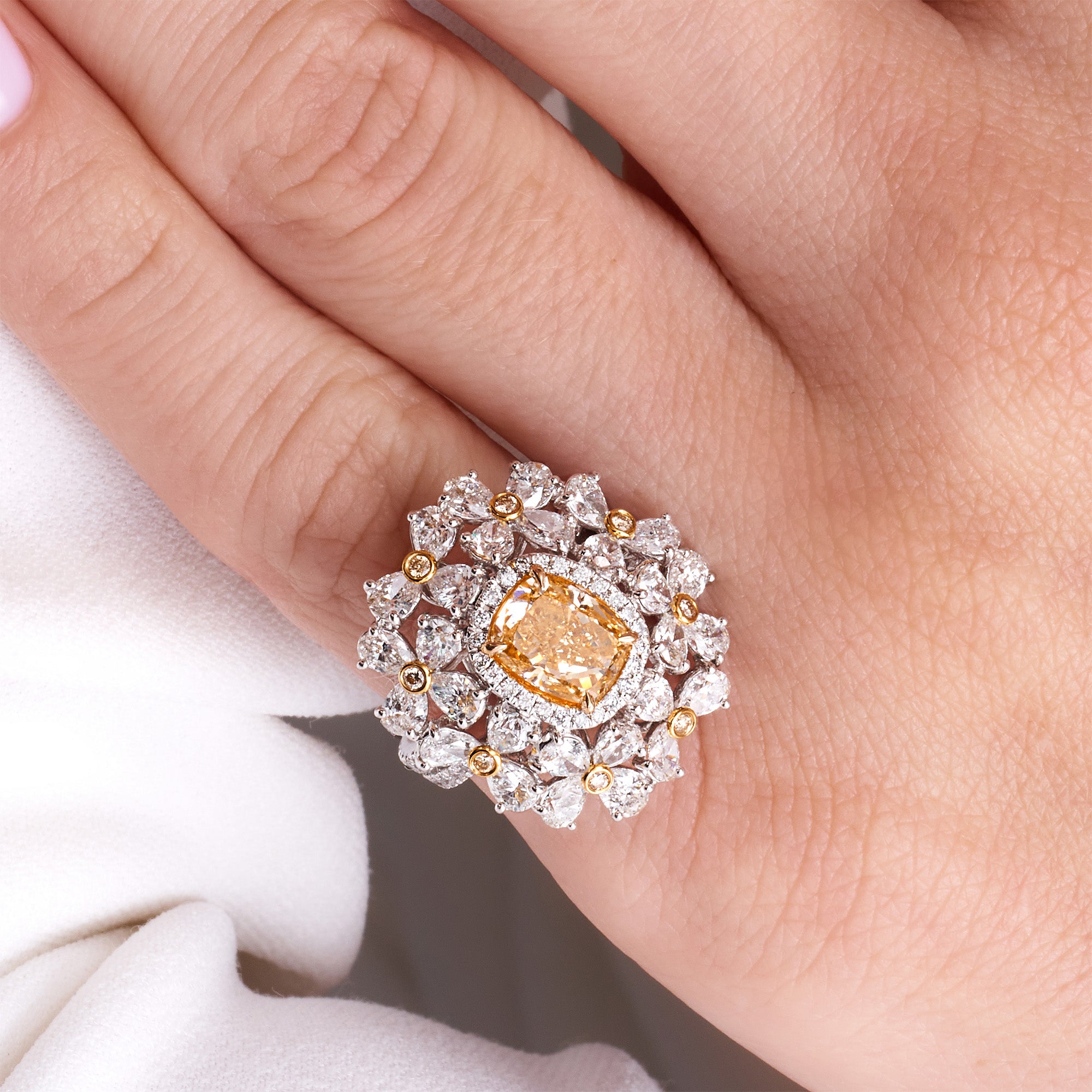 Cushion Cut Fancy Yellow-Orange Diamond Sun Ring with Yellow & White Diamond Halos