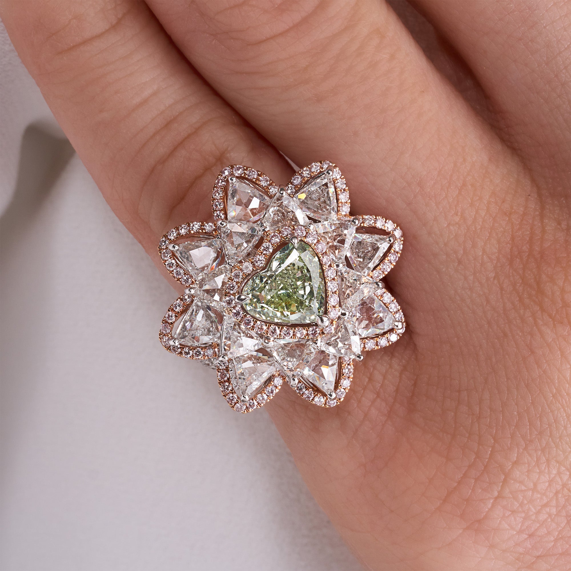 Heart Cut Fancy Yellow-Green Diamond Flower Ring with White & Pink Diamond Halo