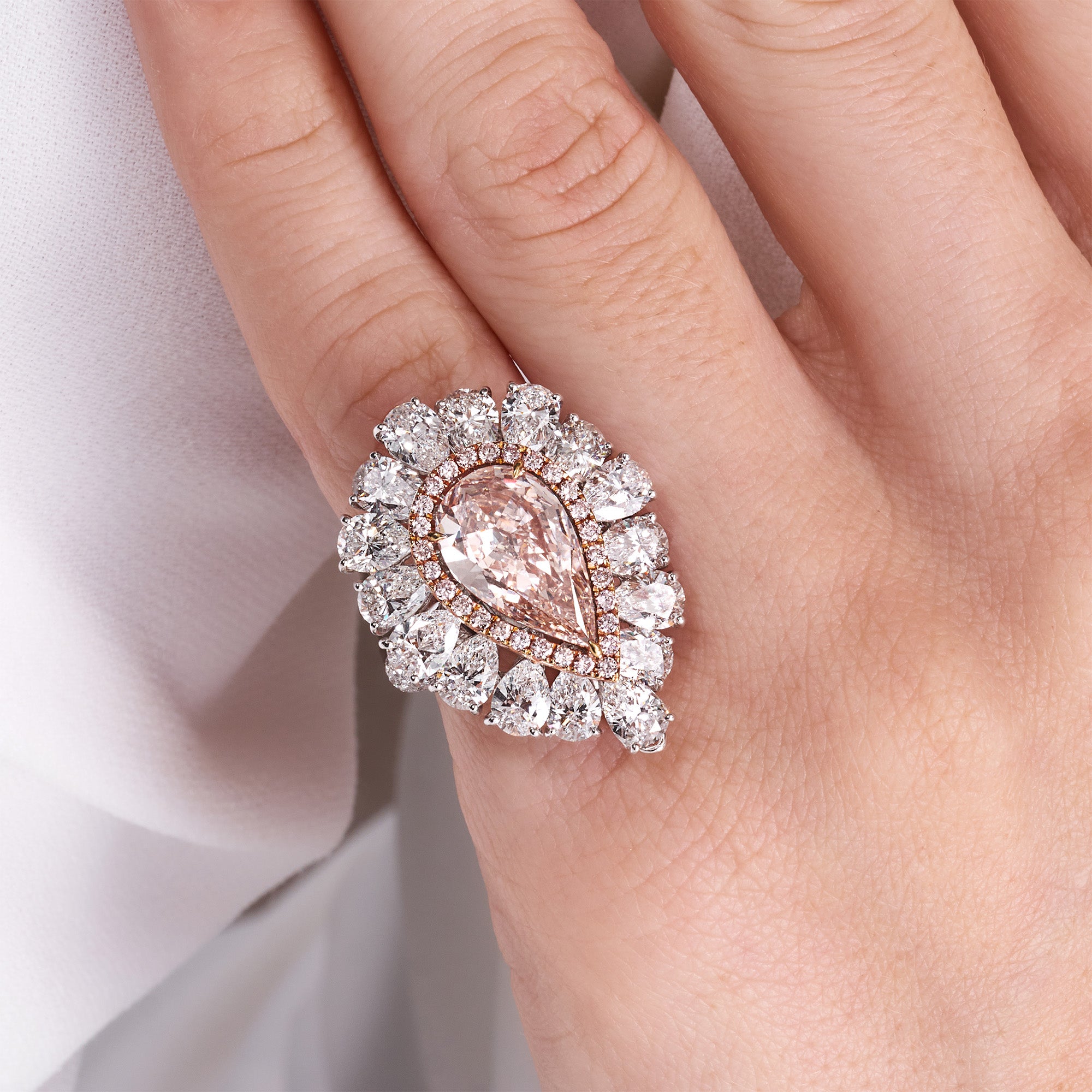 Fancy Brown-Pink Pear Cut Diamond Ring with Pink & White Diamond Halo