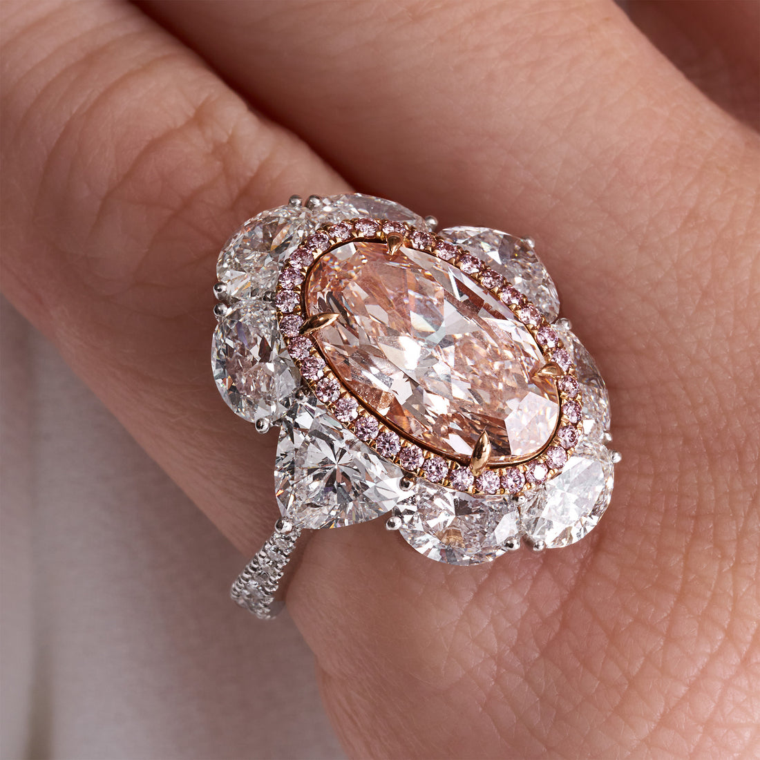 Oval Cut Light Brown-Pink Diamond Ring with Pink & White Diamond Halo