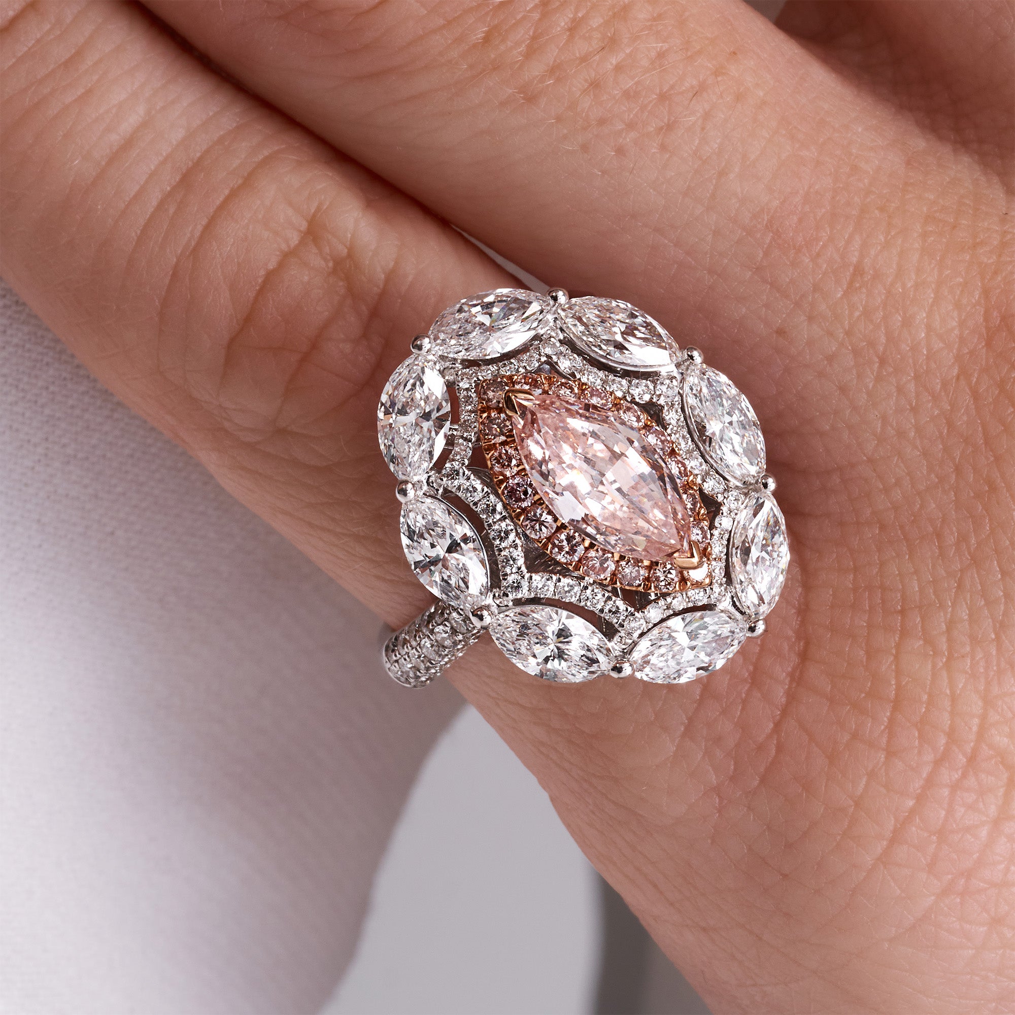 Marquise Cut Fancy Orange-Pink Diamond Ring with Pink & White Diamond Double Halo