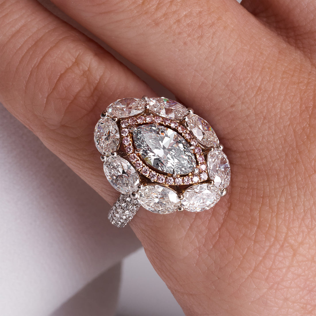 Marquise Cut Blue Diamond Ring with Pink & White Diamond Double Halo
