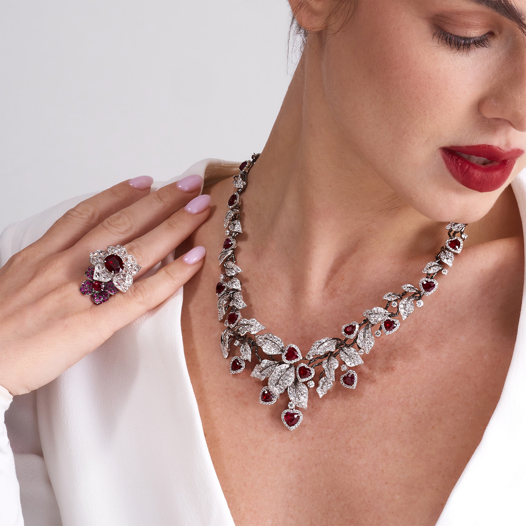 Heart Shaped Ruby & Diamond Leaf Necklace