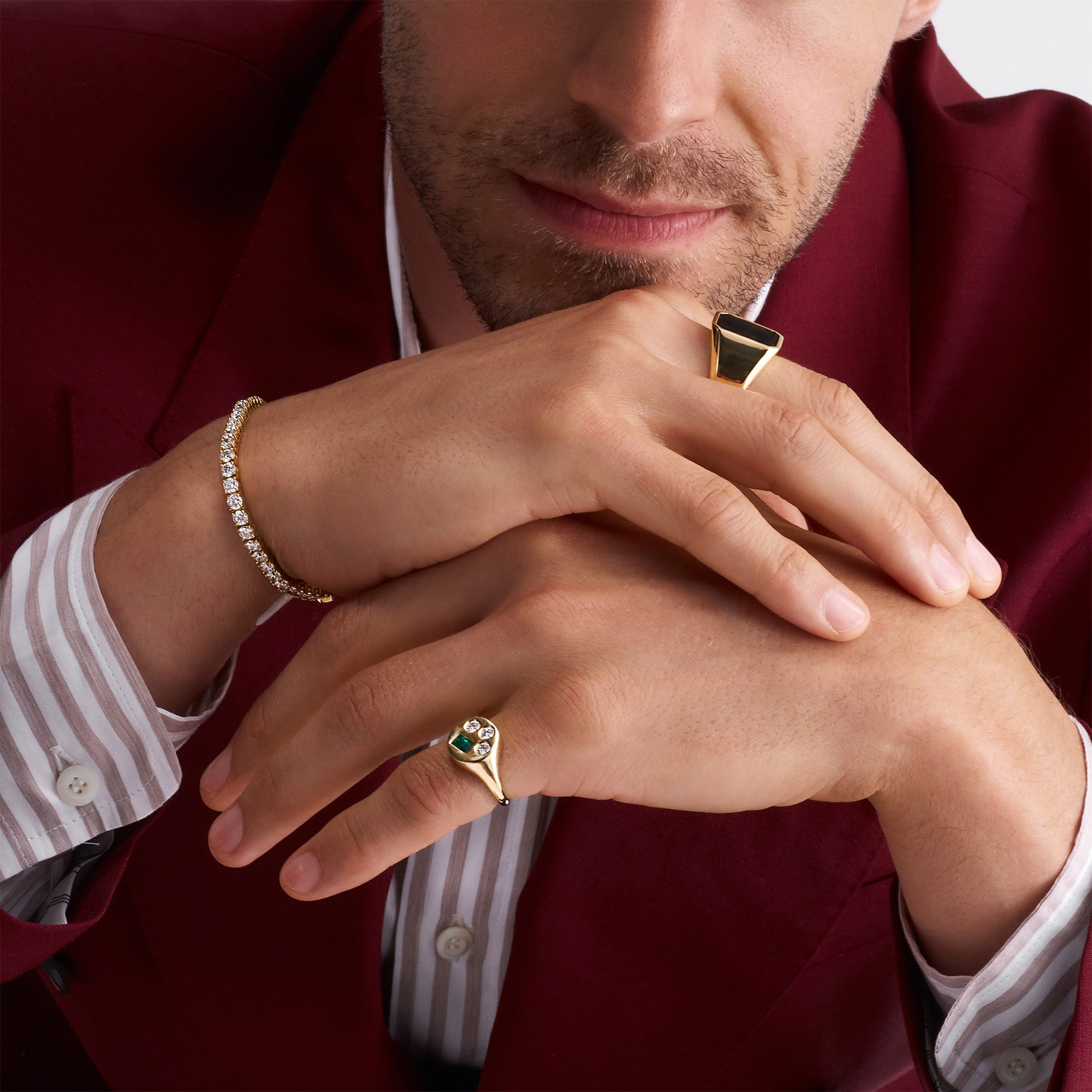 Colombian Emerald & Round Brilliant Cut Diamond Signet Ring