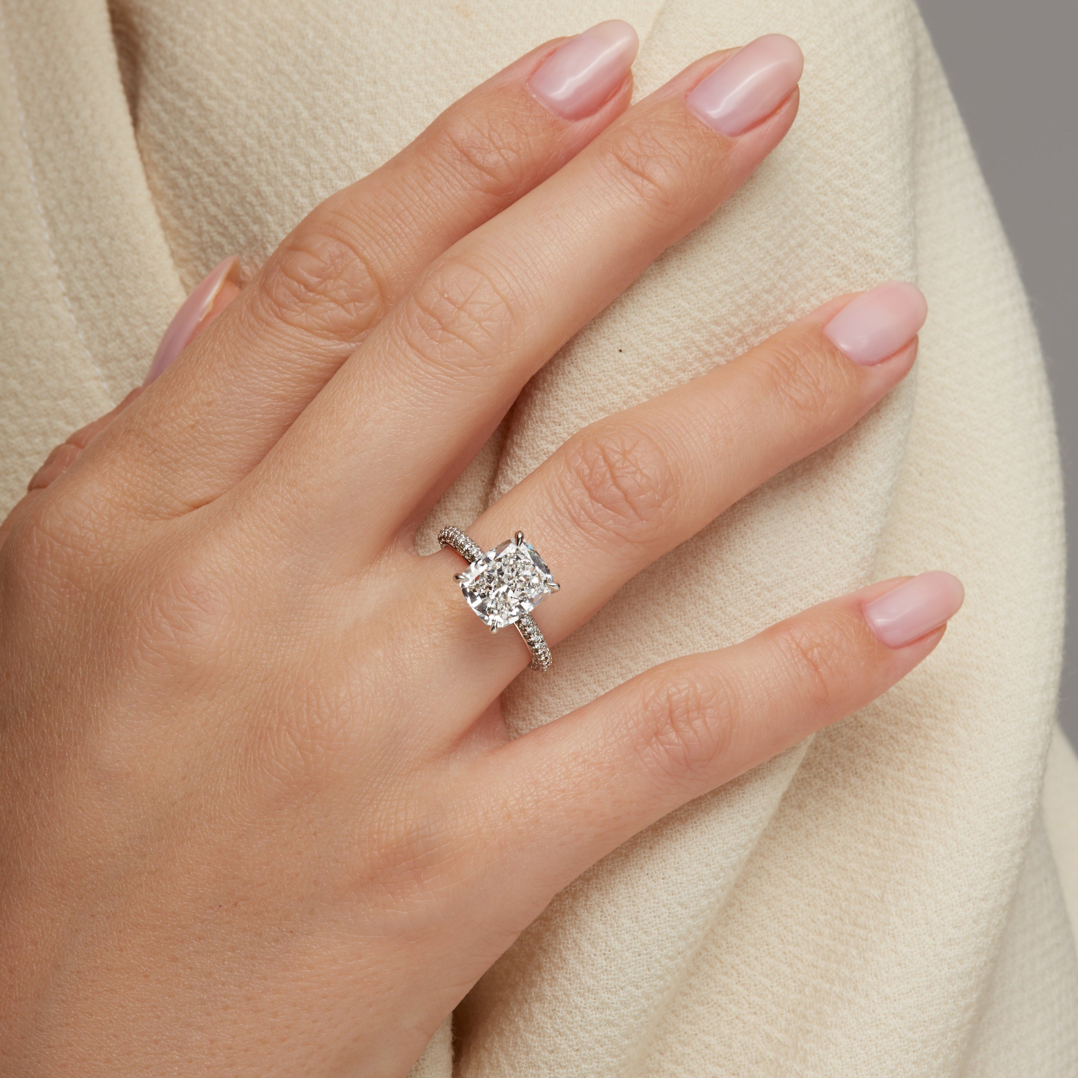4CT Cushion Cut Diamond Ring with Pave Shank