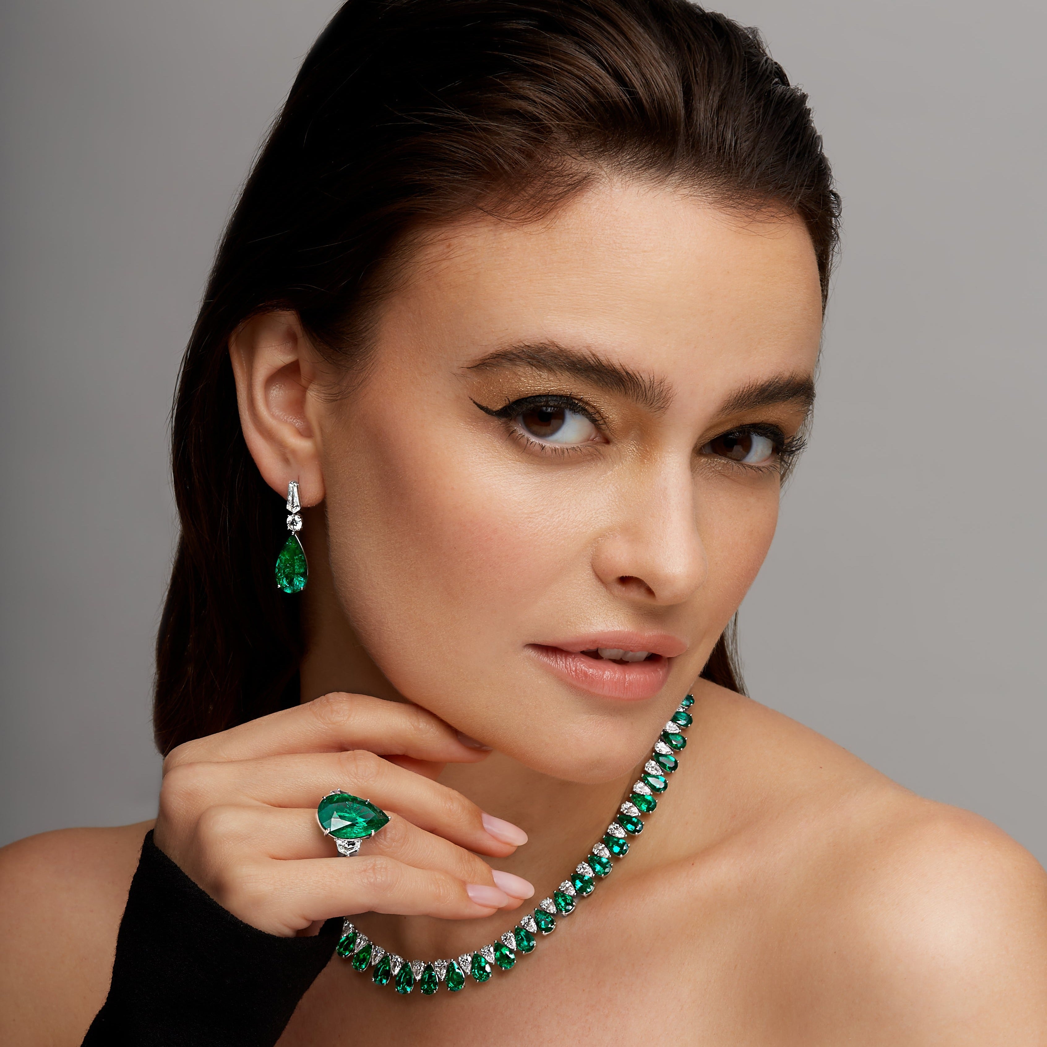 Round Brilliant Diamond and Pear Shape Emerald Drop Earrings