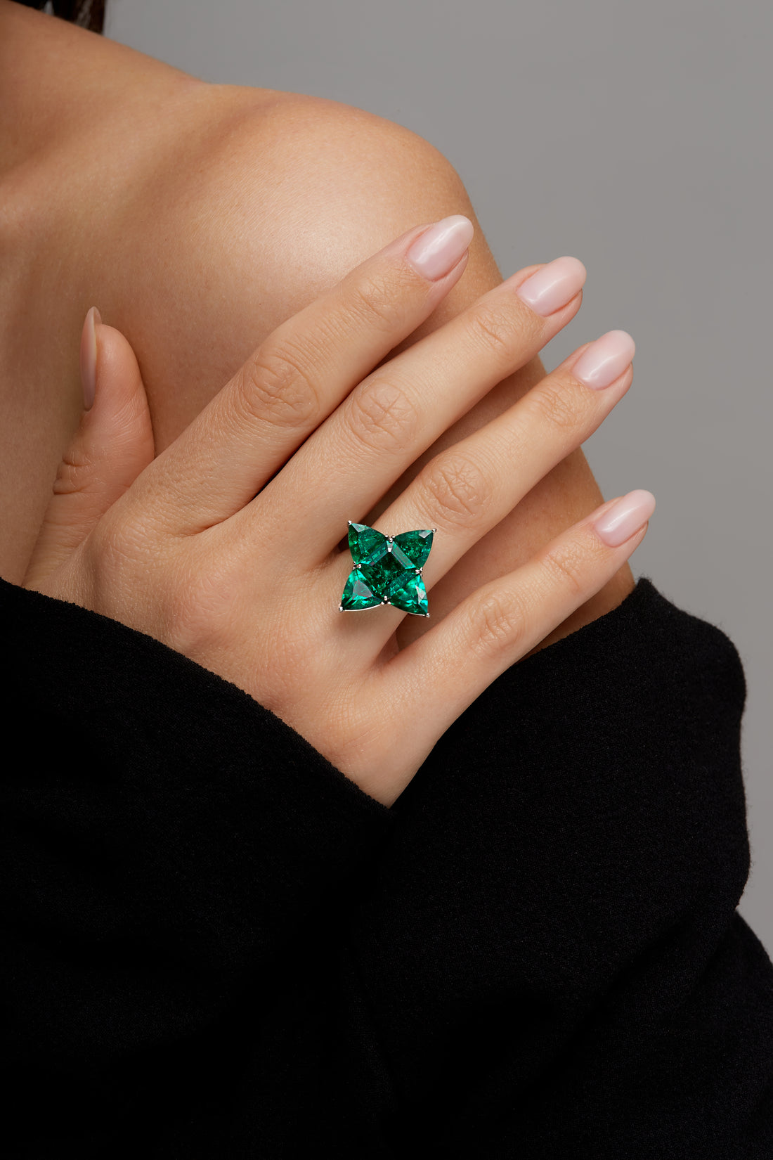 Five Stone Emerald and Triangle Cut Colombian Emerald Ring