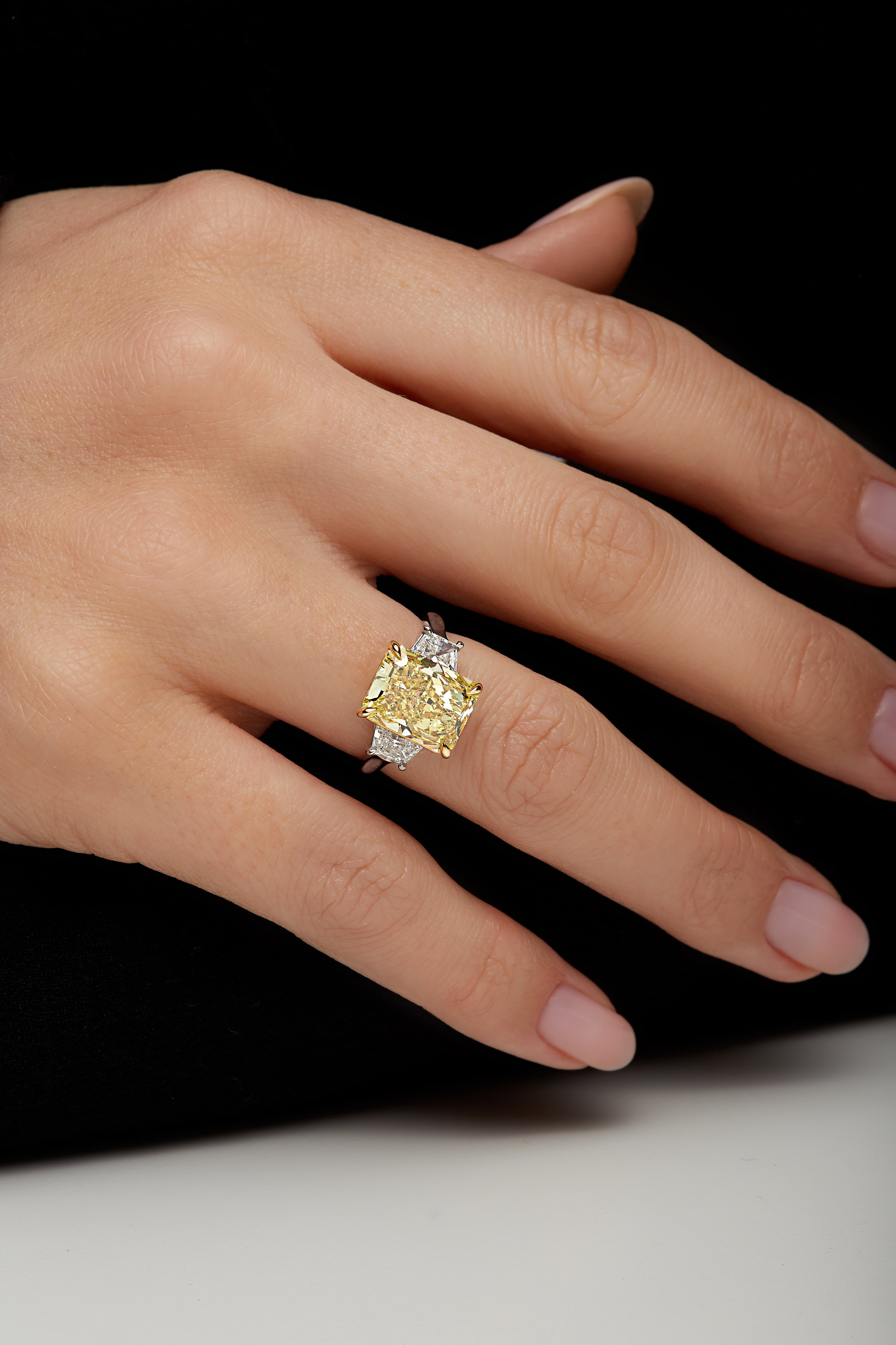 Radiant Cut Fancy Yellow Diamond and Trapezoid Shape Diamonds Ring