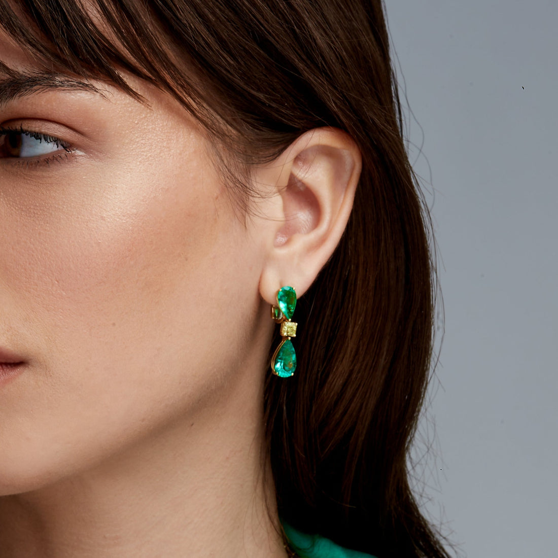 Pear Shape Emeralds and Fancy Yellow Radiant Diamond Drop Earrings