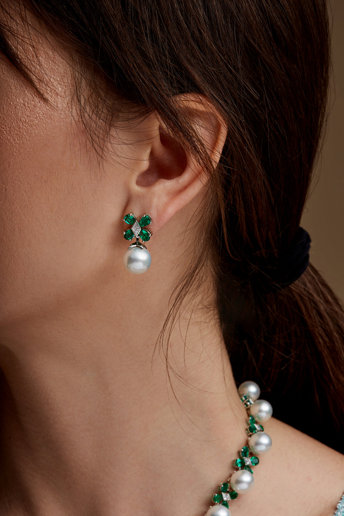 Pearl Earrings with Colombian Emeralds and Diamonds
