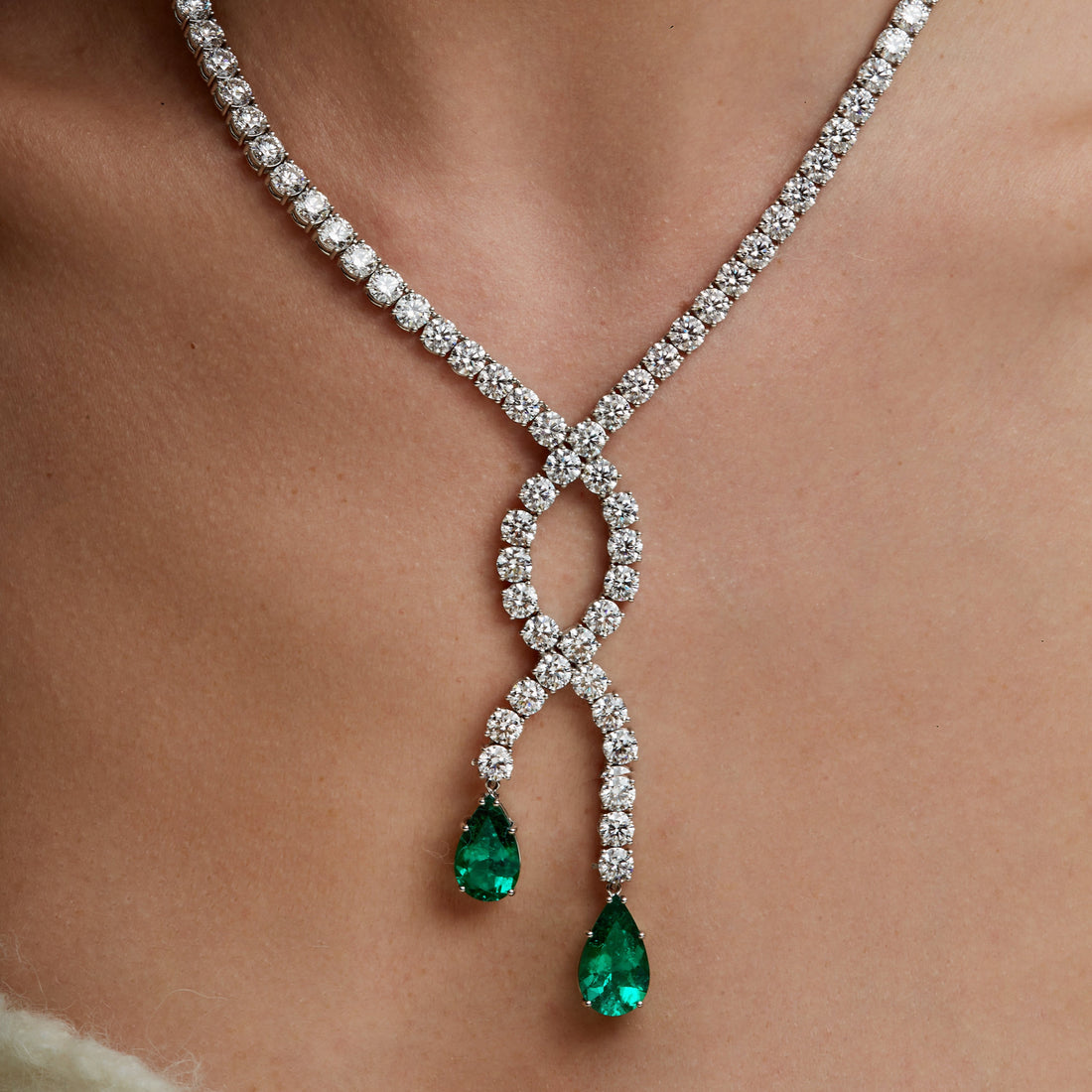 Round Brilliant Diamond and Pear Shape Emerald Drop Necklace