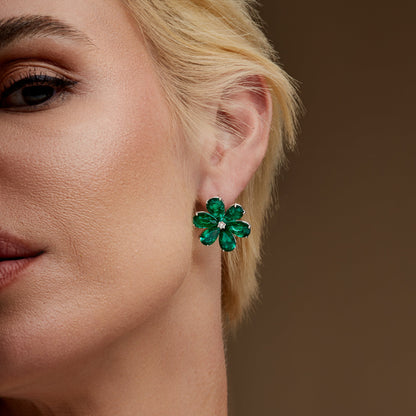 Pear Shape Emerald and Round Brilliant Diamond Flower Stud Earrings