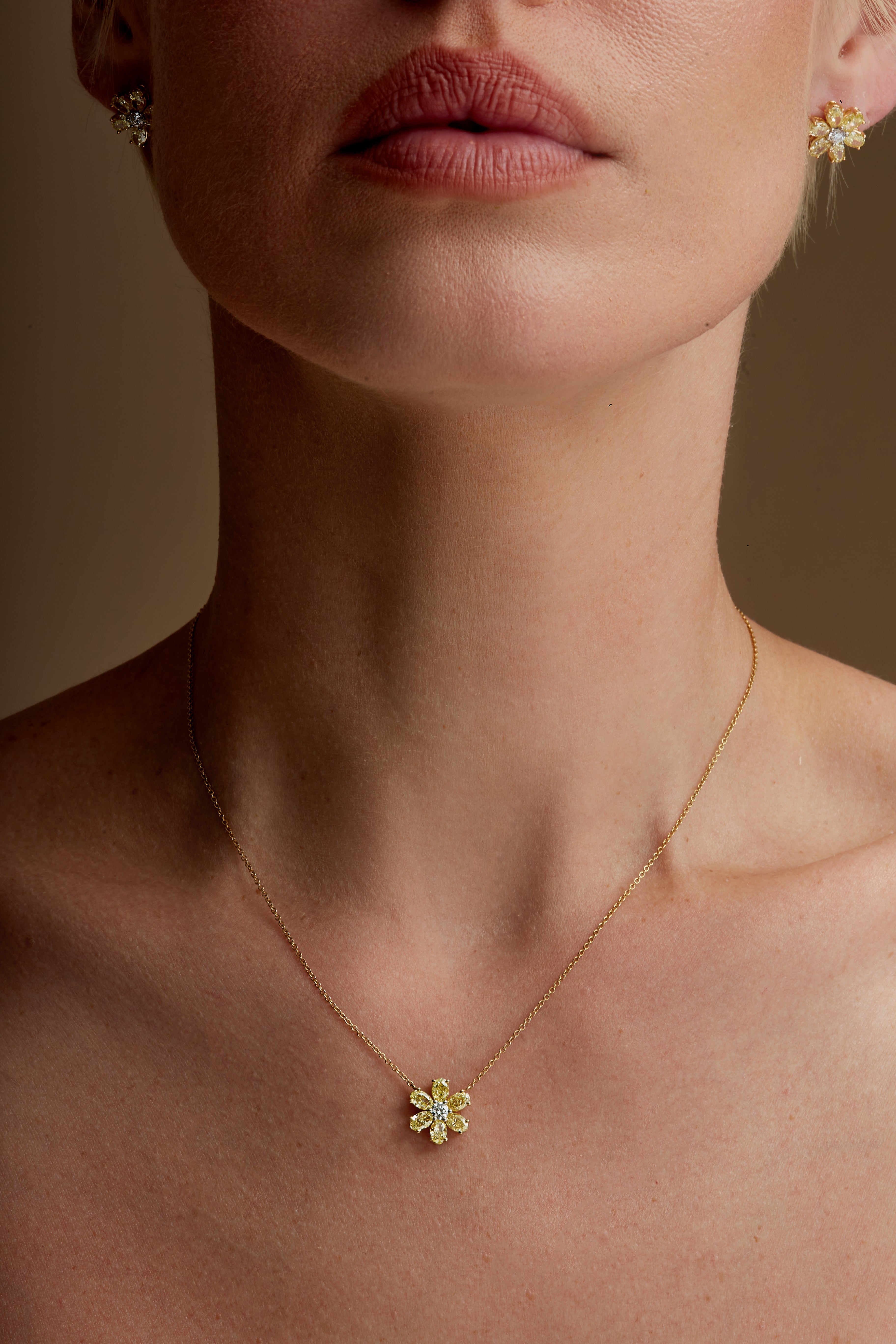 Fancy Yellow Oval Diamond Flower Pendant Necklace