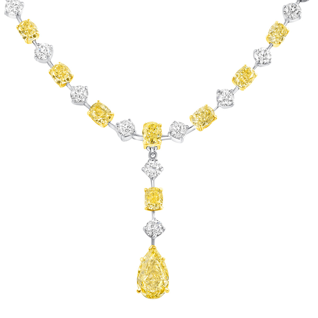 Alternating Oval Cut Yellow & Round Brilliant Cut White Diamonds with Pear Cut Yellow Diamond Drop Necklace
