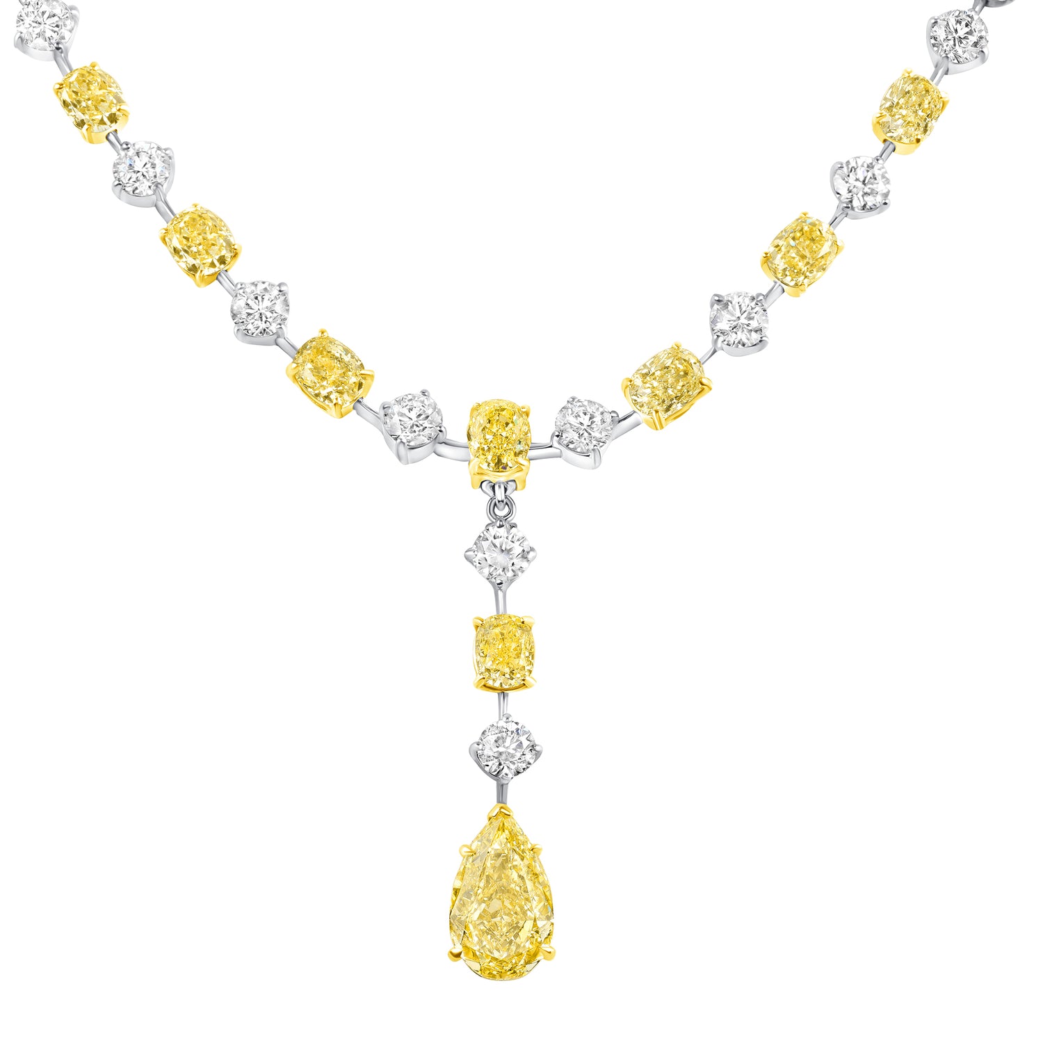 Alternating Oval Cut Yellow & Round Brilliant Cut White Diamonds with Pear Cut Yellow Diamond Drop Necklace