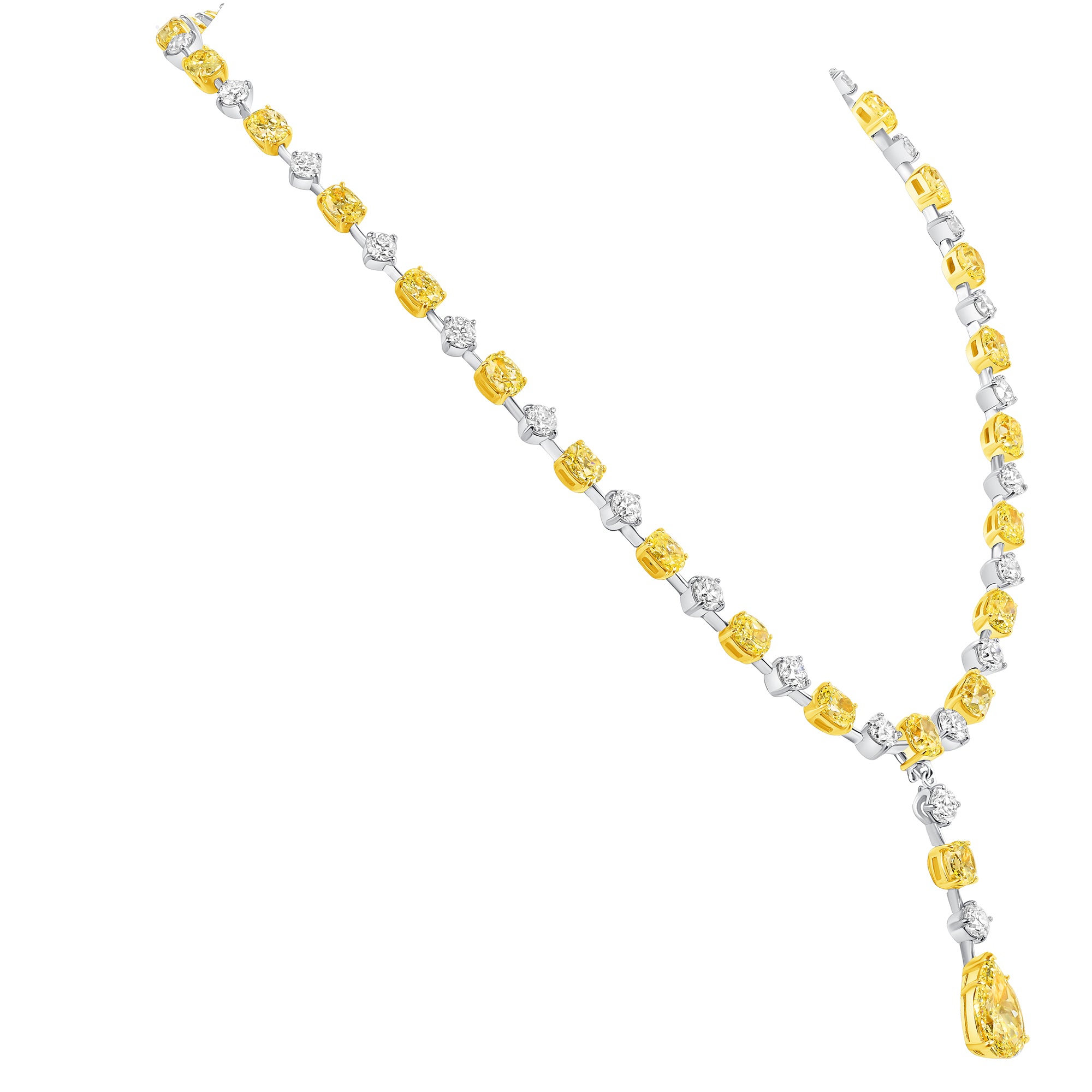 Alternating Oval Cut Yellow & Round Brilliant Cut White Diamonds with Pear Cut Yellow Diamond Drop Necklace