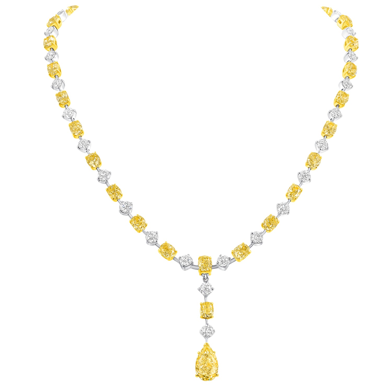 Alternating Oval Cut Yellow & Round Brilliant Cut White Diamonds with Pear Cut Yellow Diamond Drop Necklace