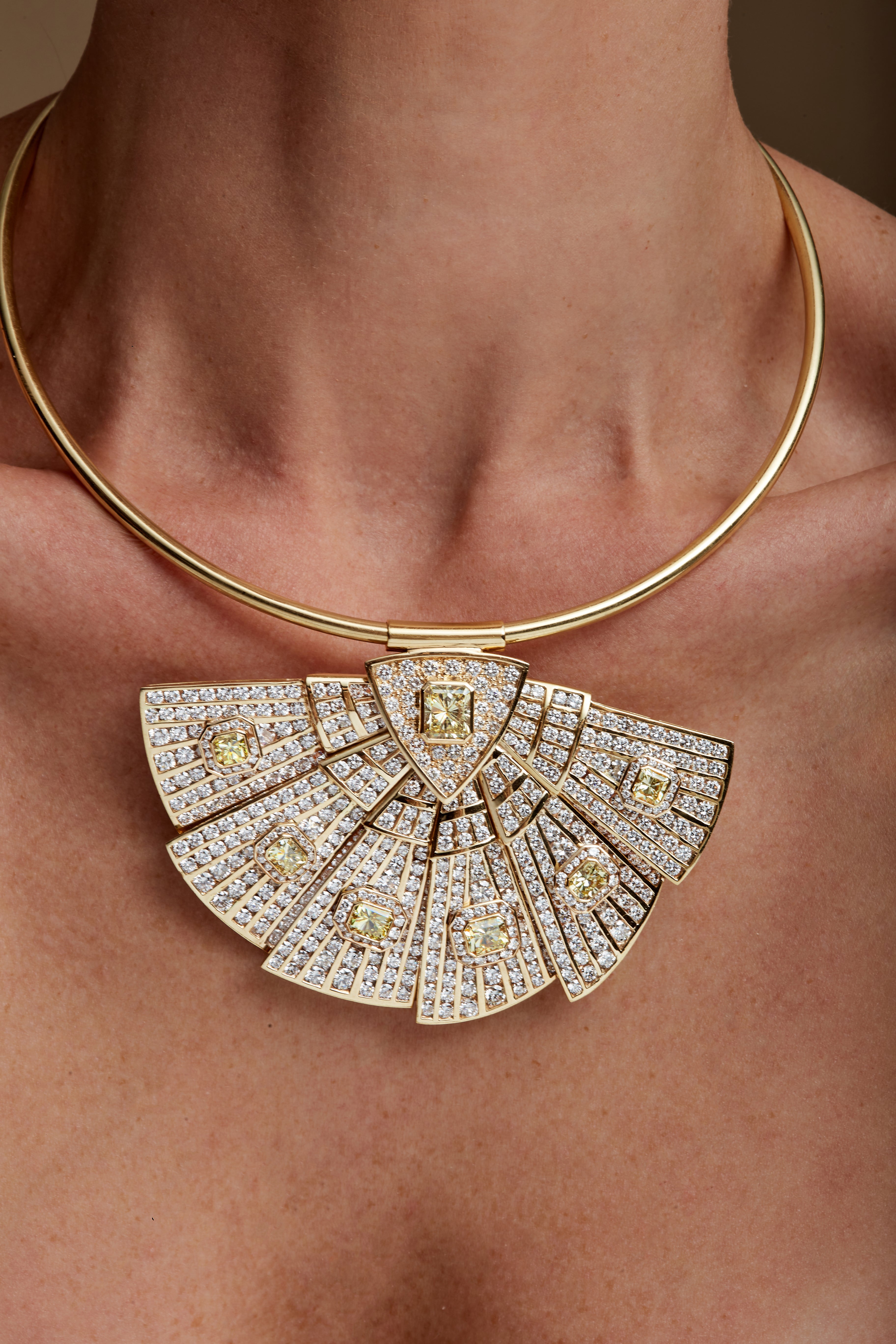 Radiant Cut Natural Yellow Diamond & Round Brilliant Cut White Diamond Fan Brooch Necklace