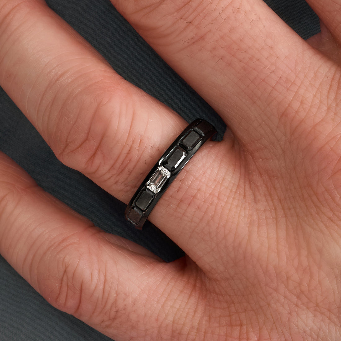 East-West Emerald Cut Black Diamond Eternity Ring with White Diamond Accent