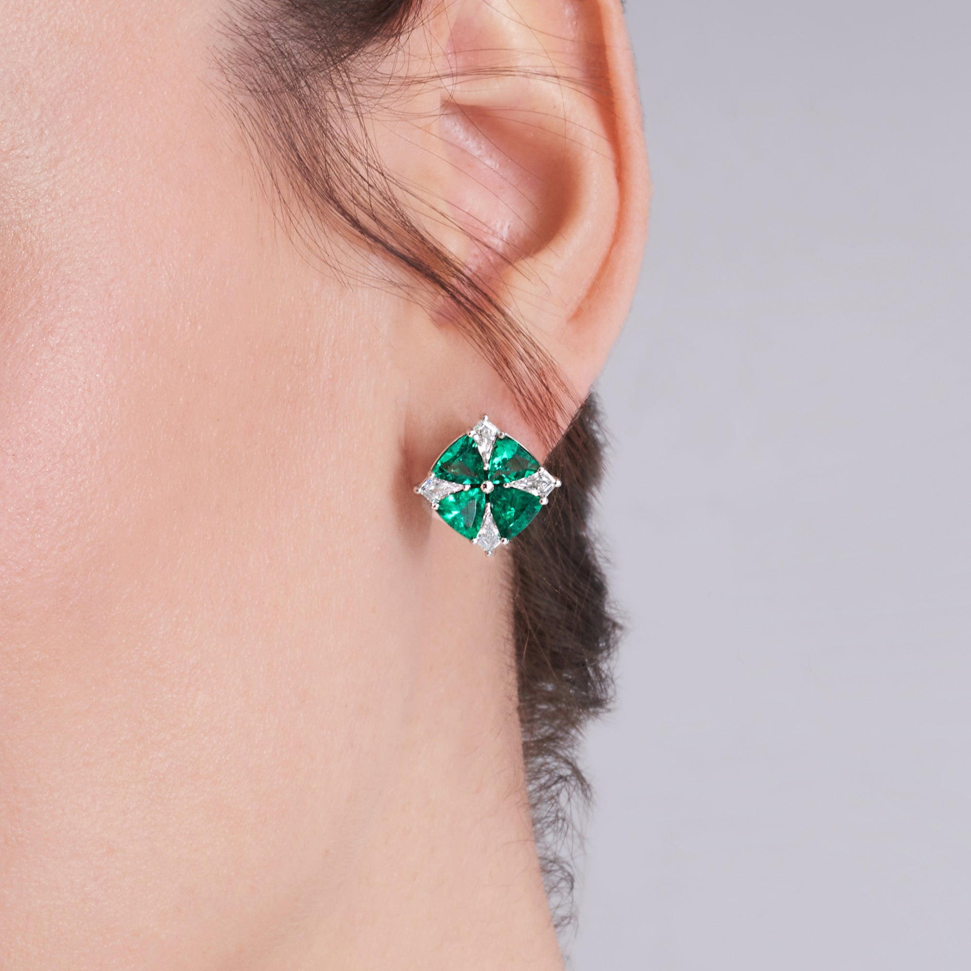 Triangle Shape Colombian Emeralds and Kite Shape Diamond Stud Earrings