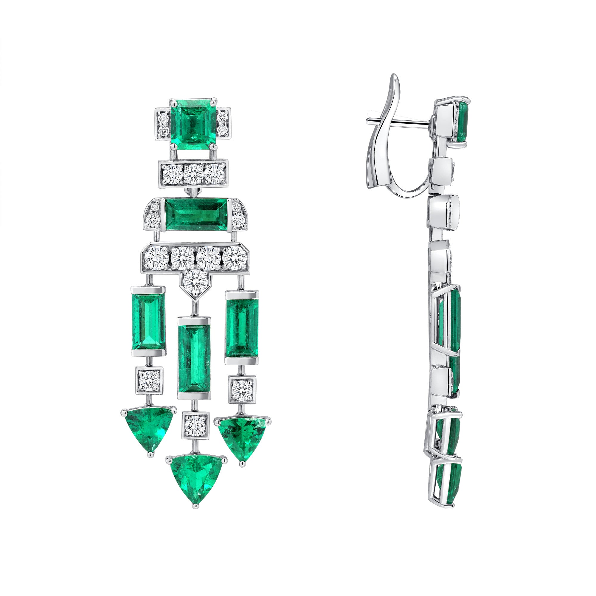 Round Brilliant Diamond and Colombian Emerald Dangle Earrings