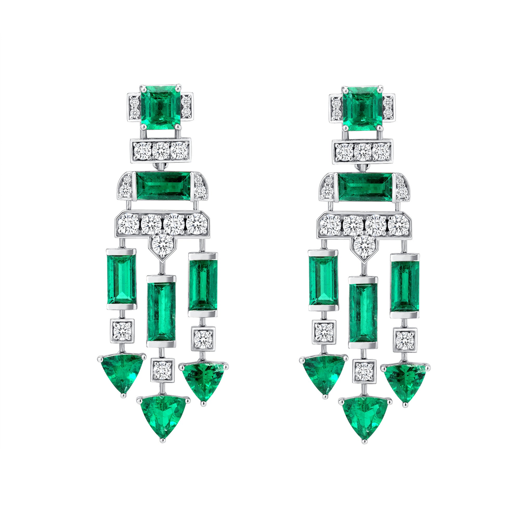 Round Brilliant Diamond and Colombian Emerald Dangle Earrings