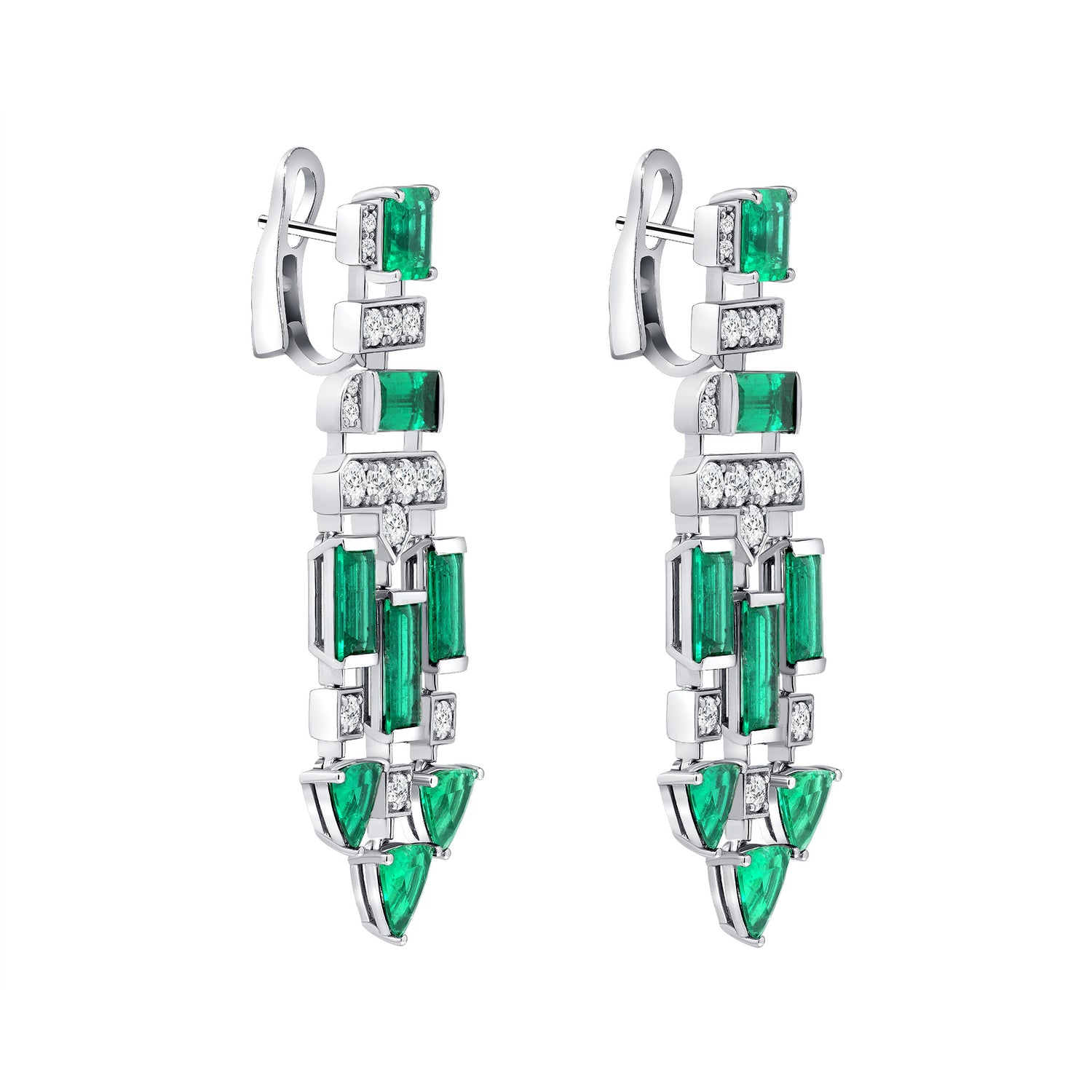 Round Brilliant Diamond and Colombian Emerald Dangle Earrings