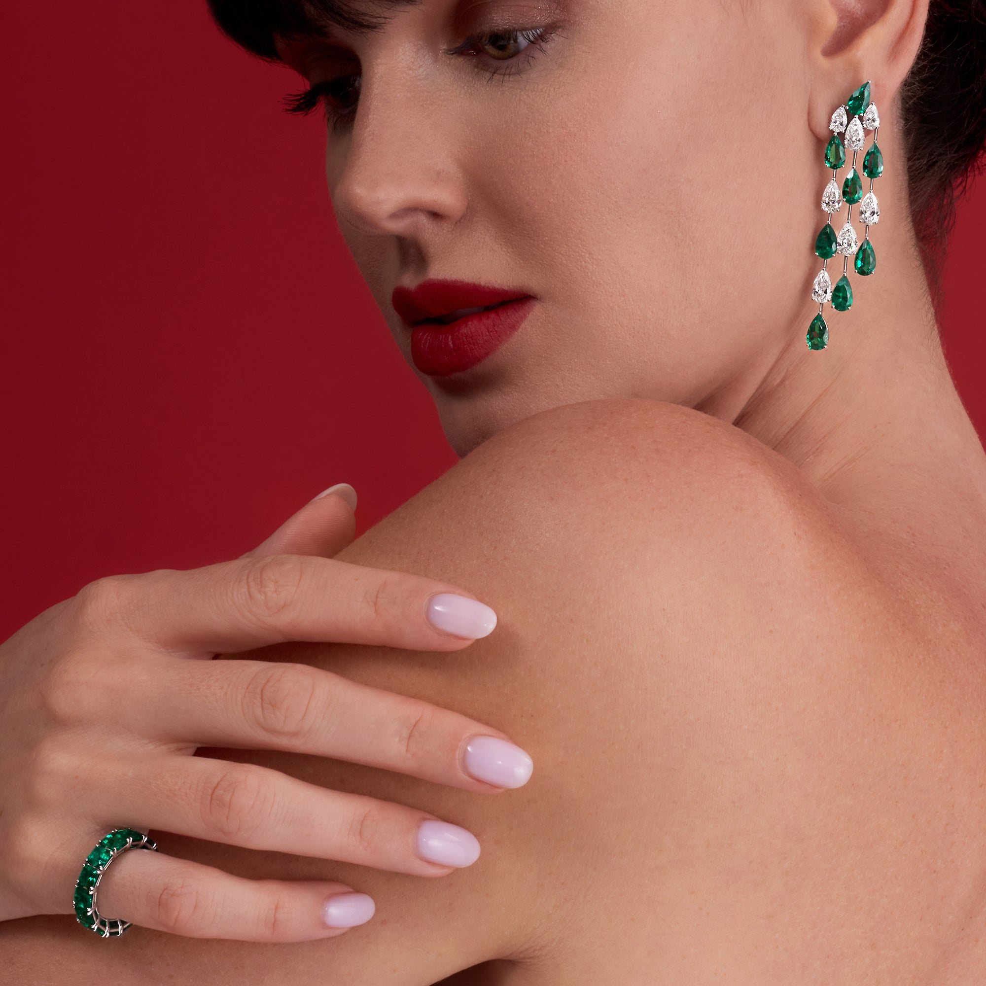 Pear Shape Emerald and Diamond Chandelier Earrings