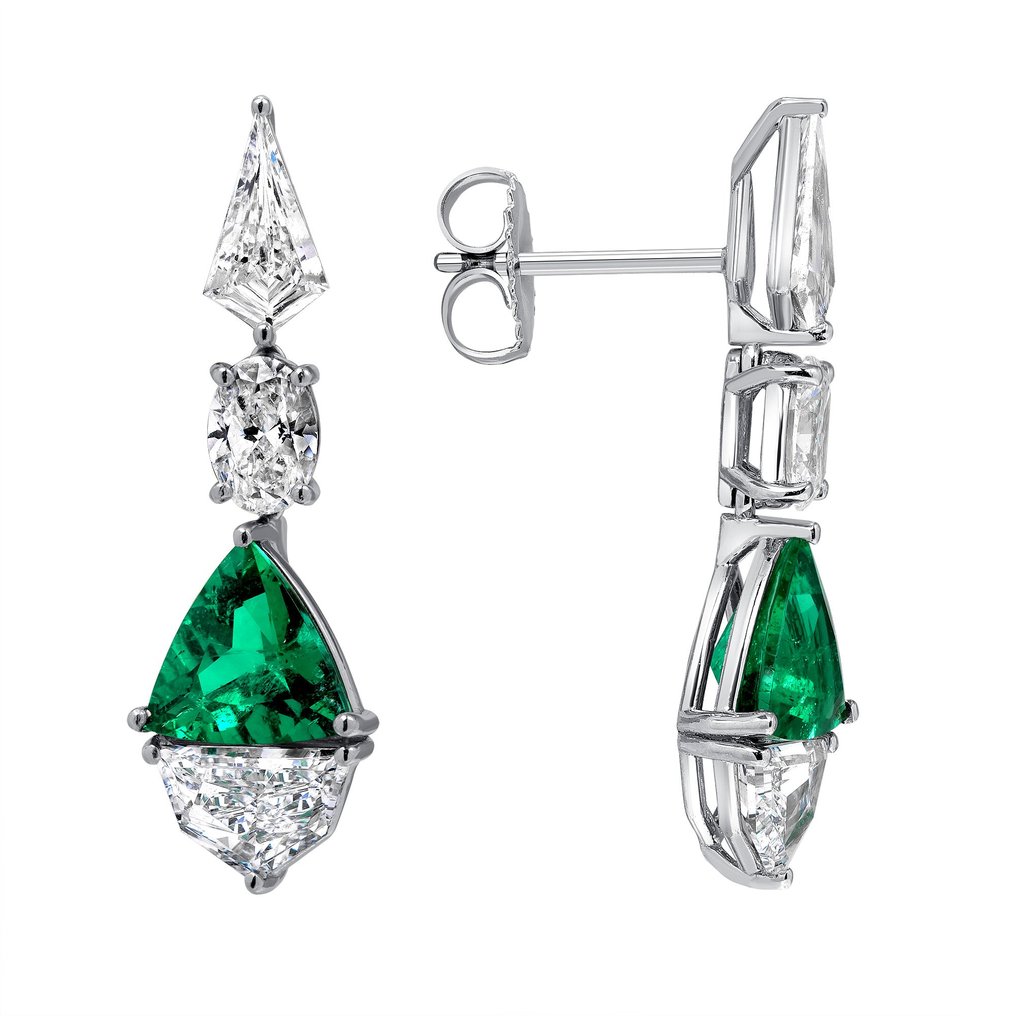 Triangle Colombian Emerald and Cadillac Oval Kite Shape Diamond Dangle Earrings