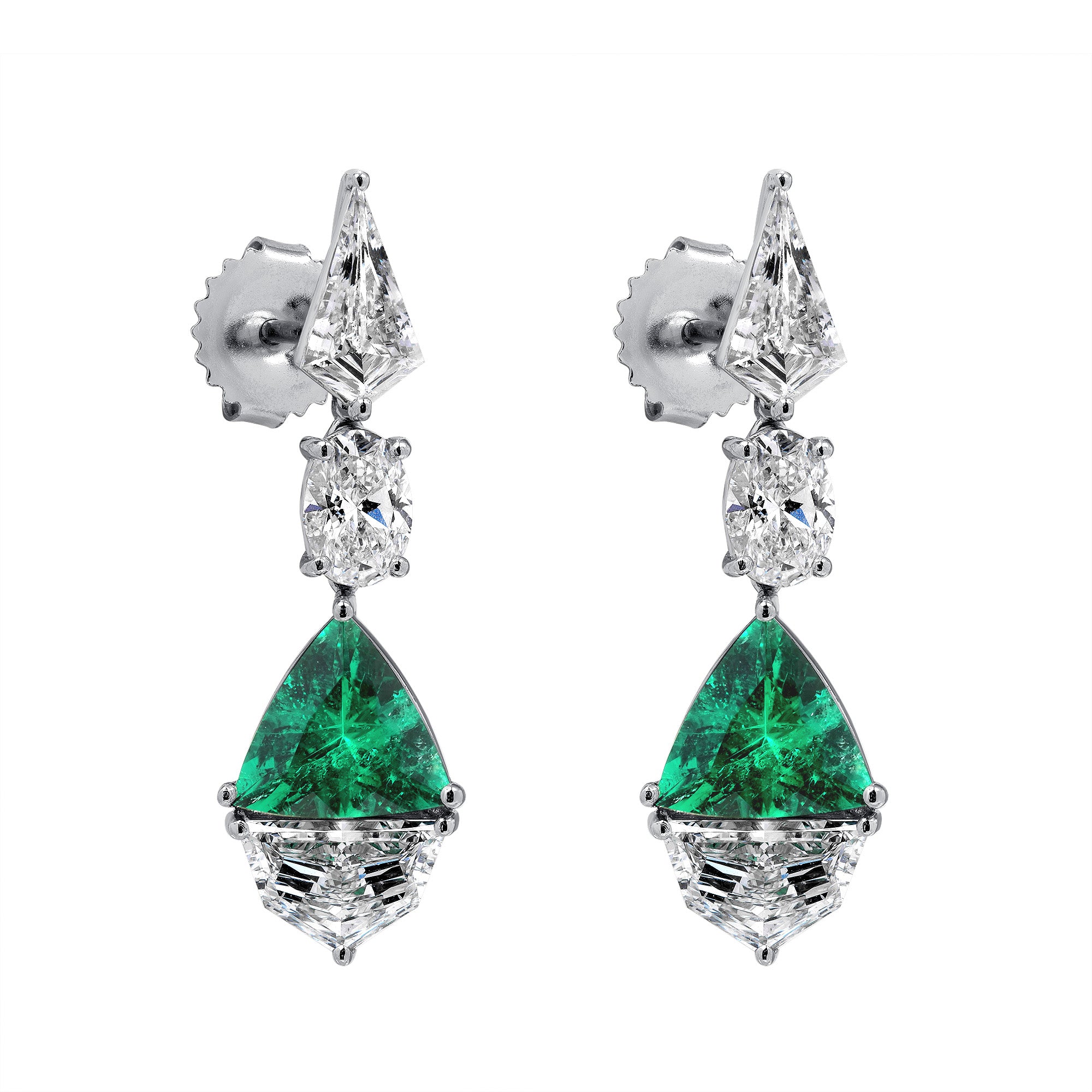 Triangle Colombian Emerald and Cadillac Oval Kite Shape Diamond Dangle Earrings