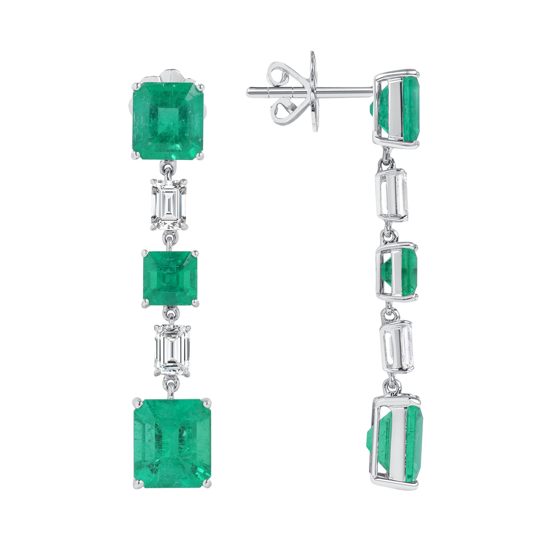 Emerald Cut Diamond and Emerald Cut Emerald Dangling Earrings