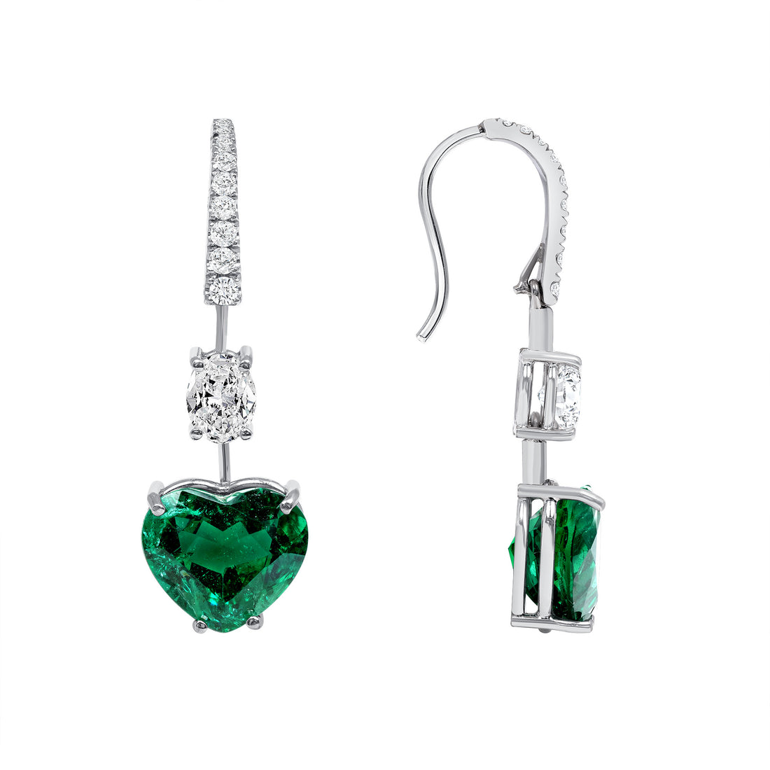 Round Brilliant and Oval Diamond and Heart Shape Zambia Emerald Drop Earrings