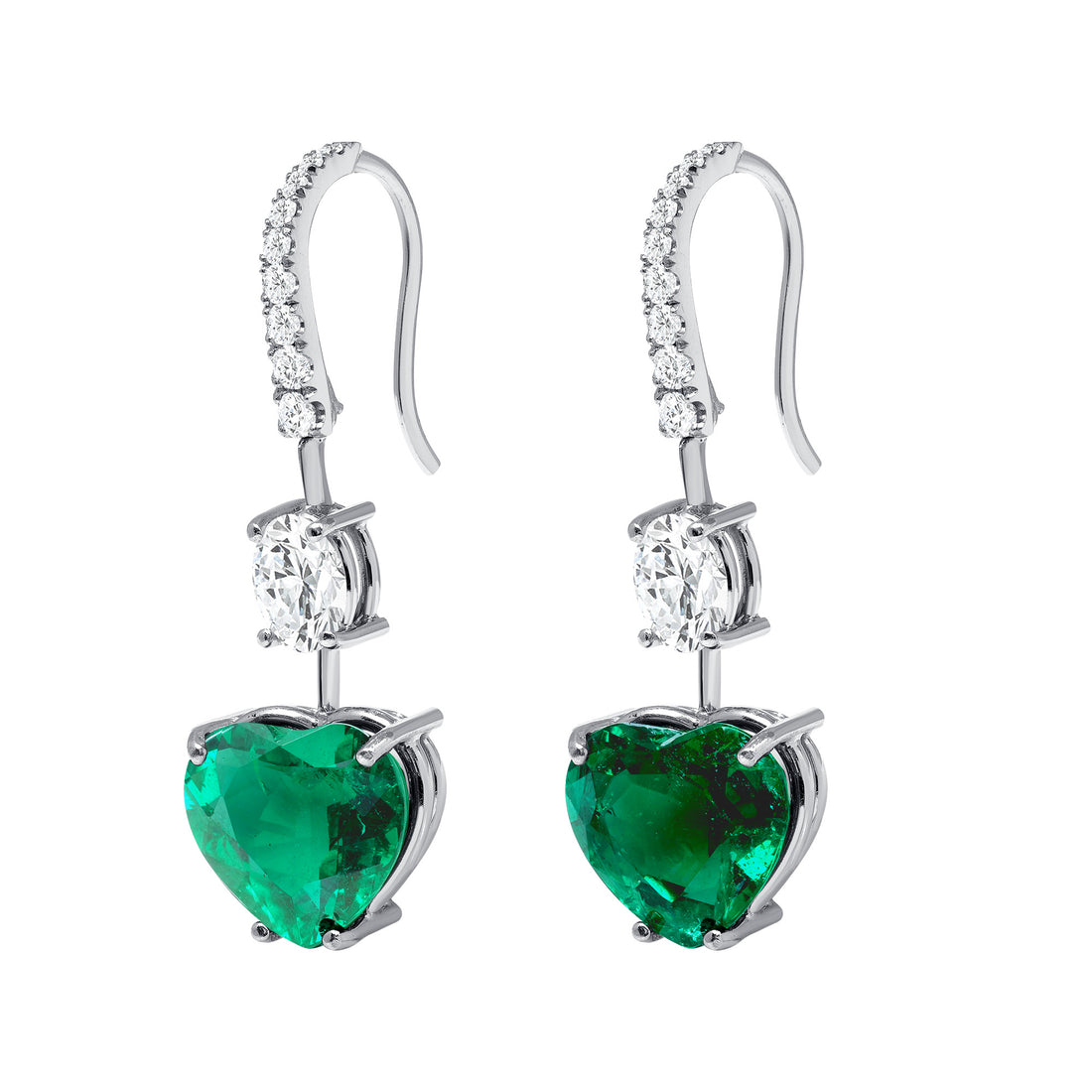 Round Brilliant and Oval Diamond and Heart Shape Zambia Emerald Drop Earrings
