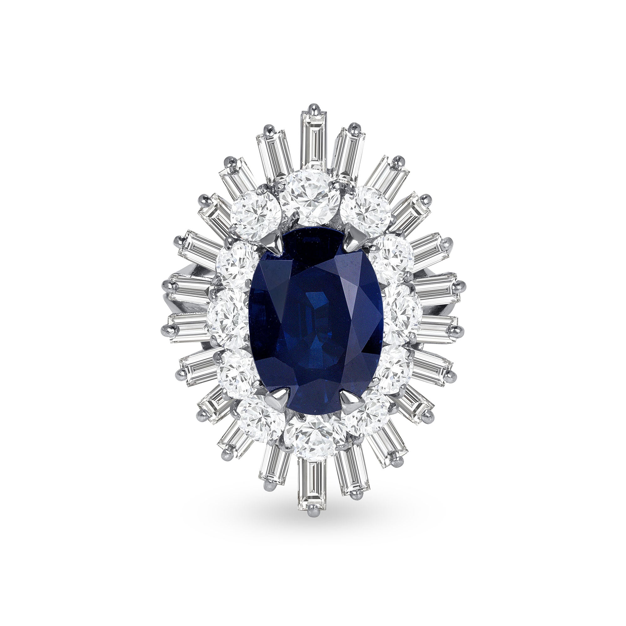 Oval Cut Sapphire & Mixed Cut Diamond Starburst Halo Ring
