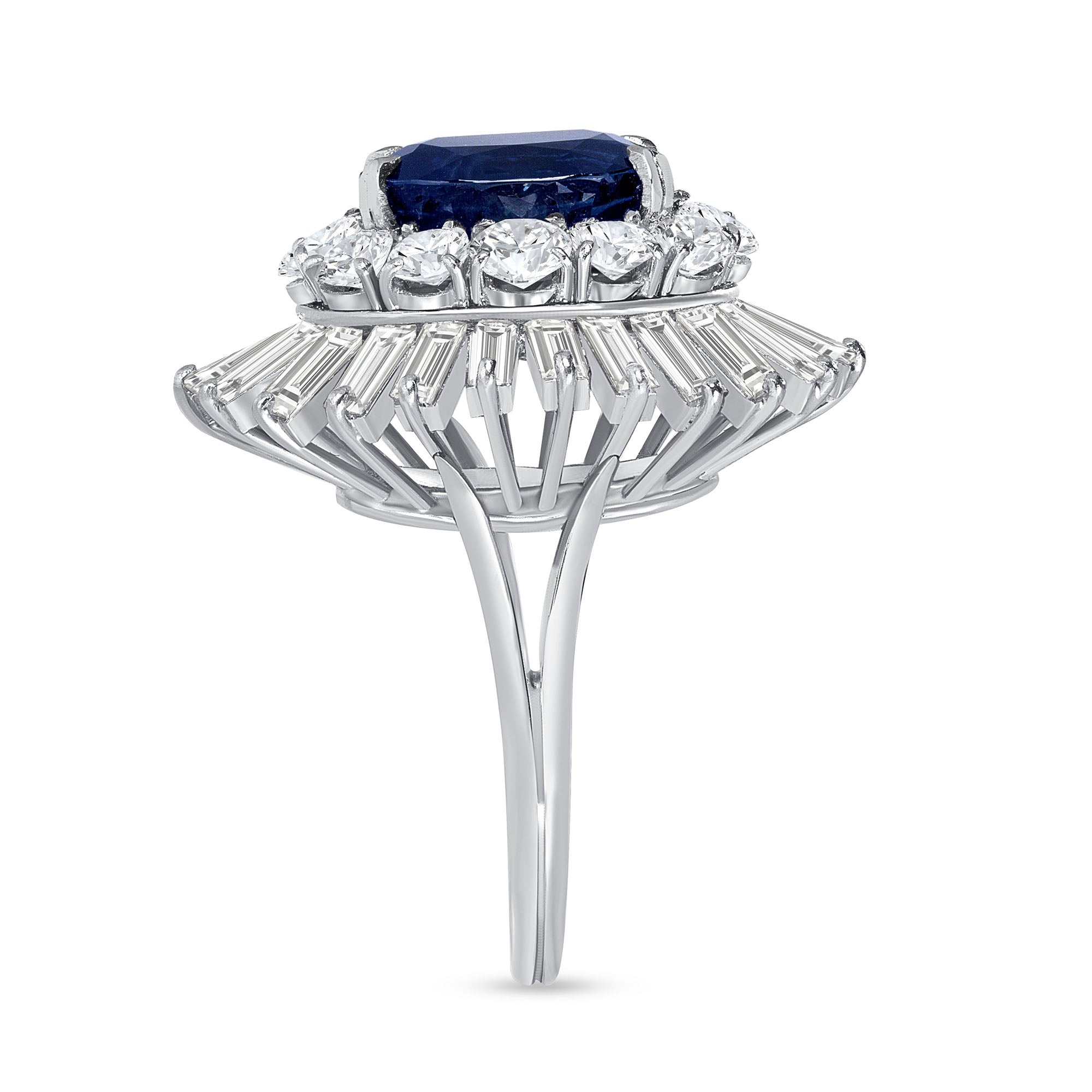 Oval Cut Sapphire & Mixed Cut Diamond Starburst Halo Ring