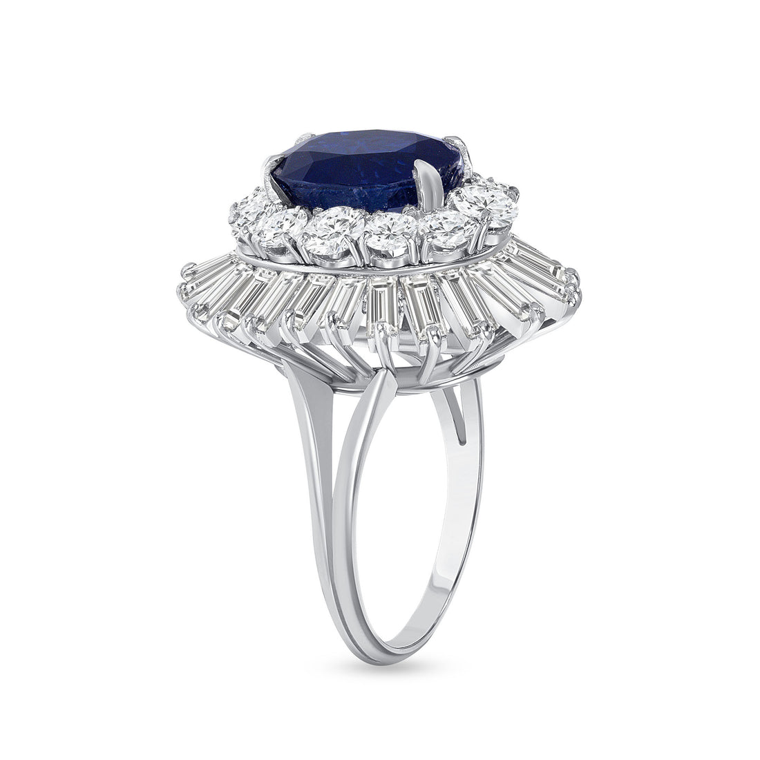Oval Cut Sapphire & Mixed Cut Diamond Starburst Halo Ring