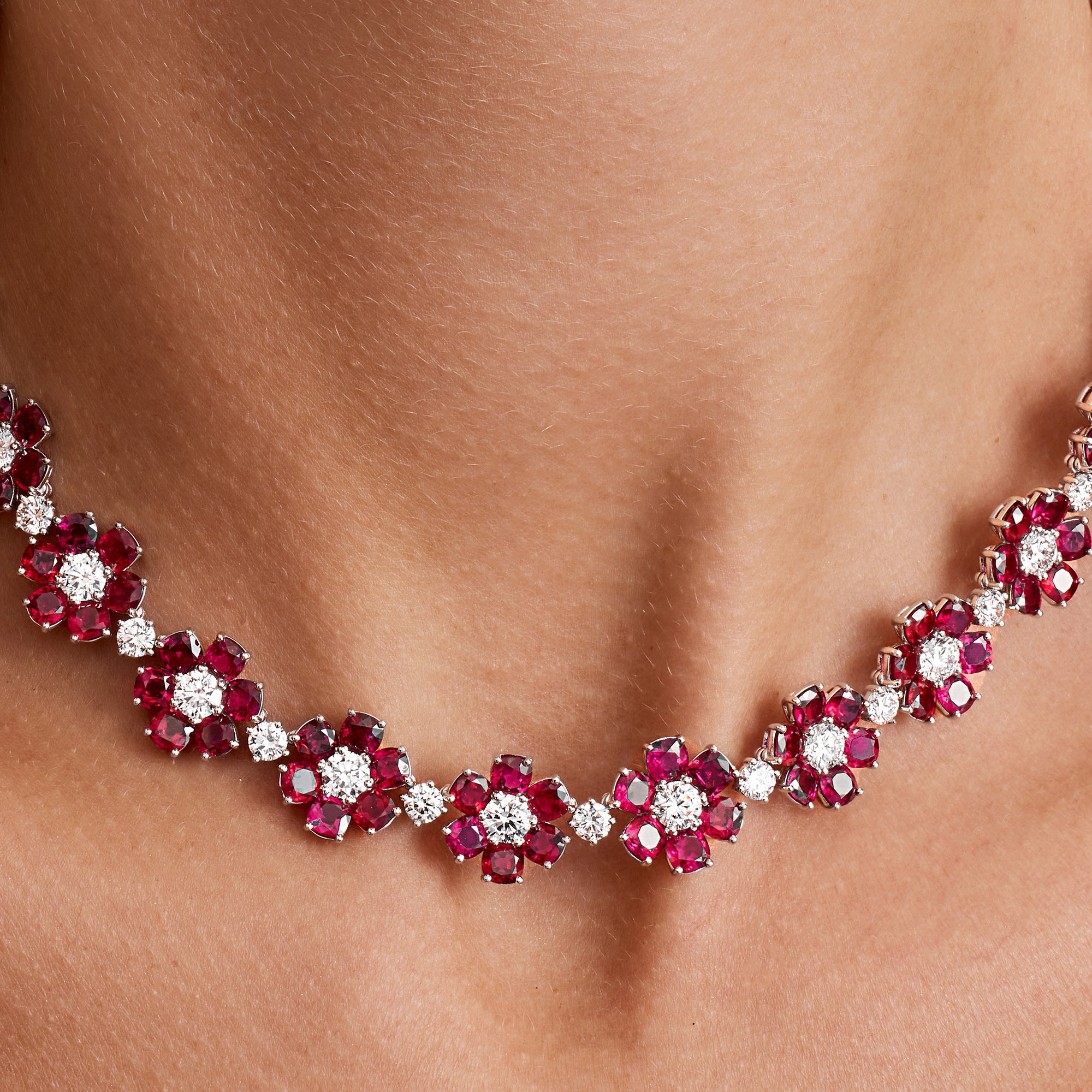 Ruby and Diamond Flower Necklace in Platinum