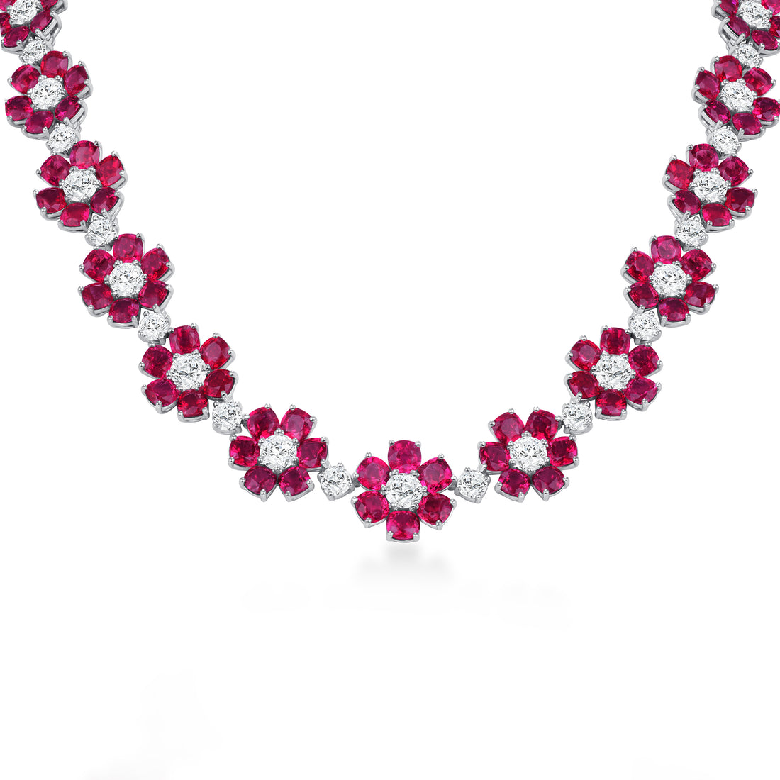 Ruby and Diamond Flower Necklace in Platinum