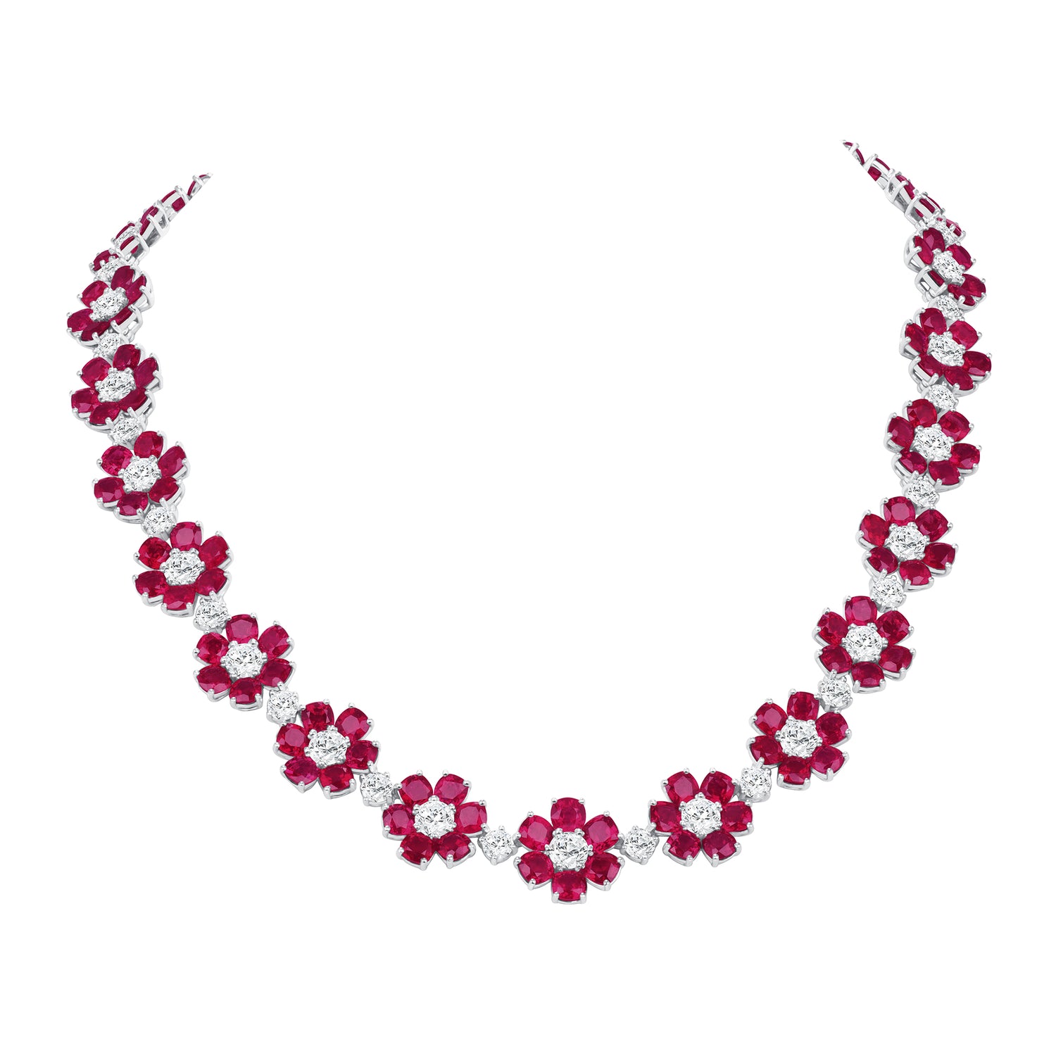 Ruby and Diamond Flower Necklace in Platinum