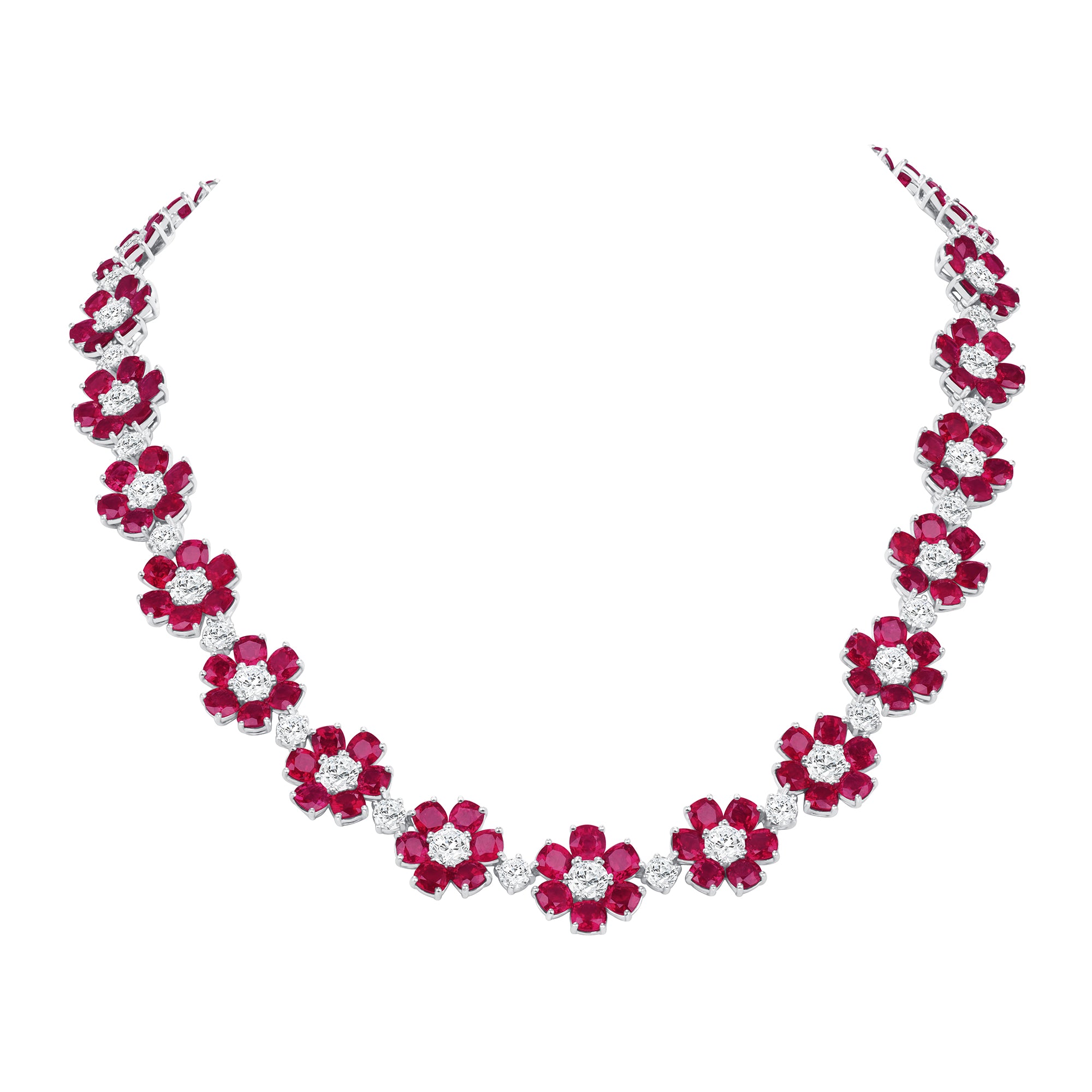 Ruby and Diamond Flower Necklace in Platinum