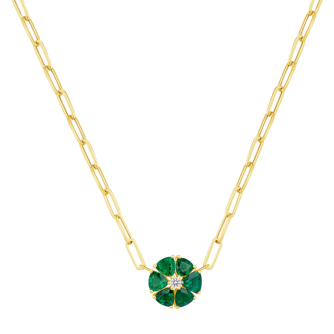 Emerald and Diamond Flower Pendant Paperclip Necklace