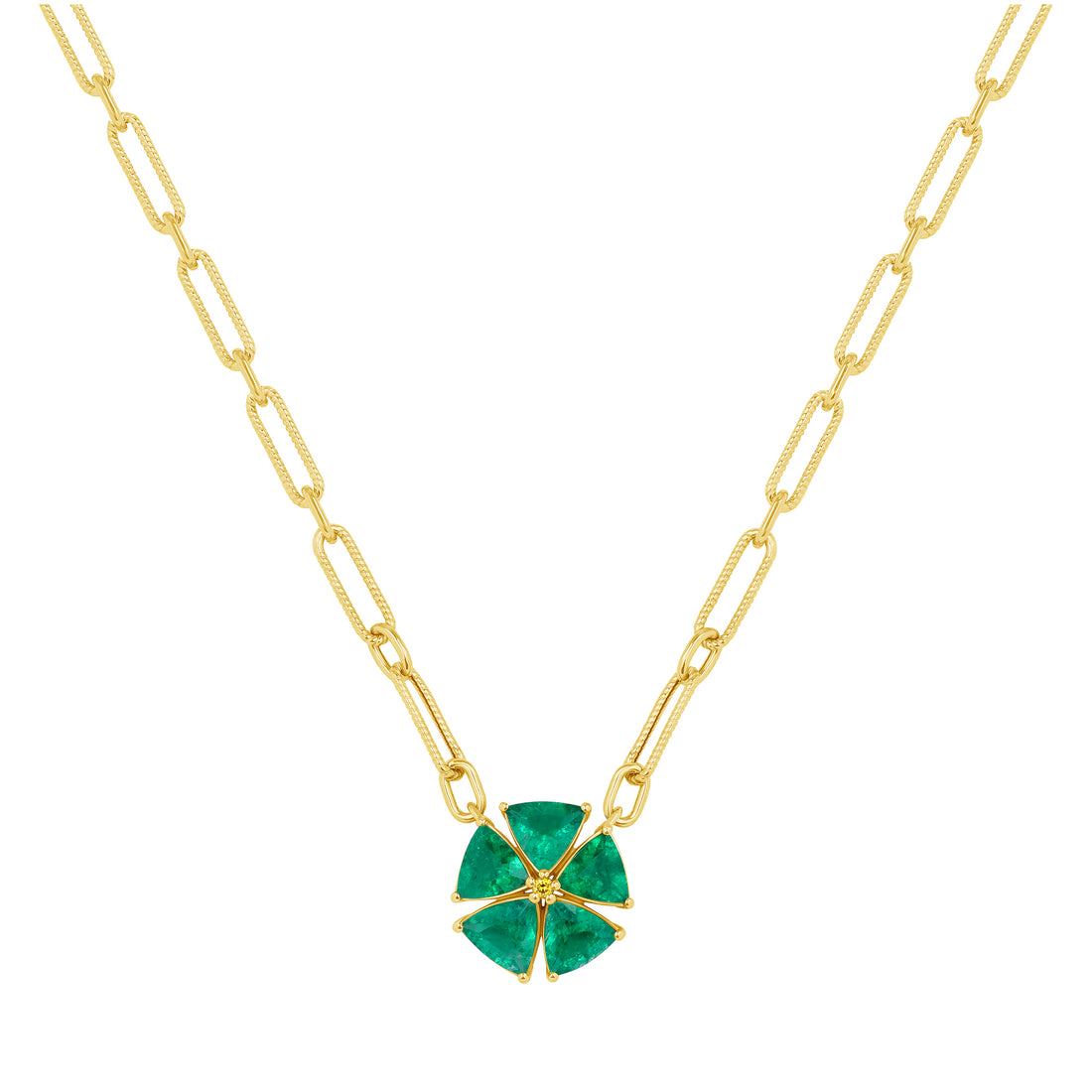 Triangle Cut Emerald Flower Paperclip Chain Necklace